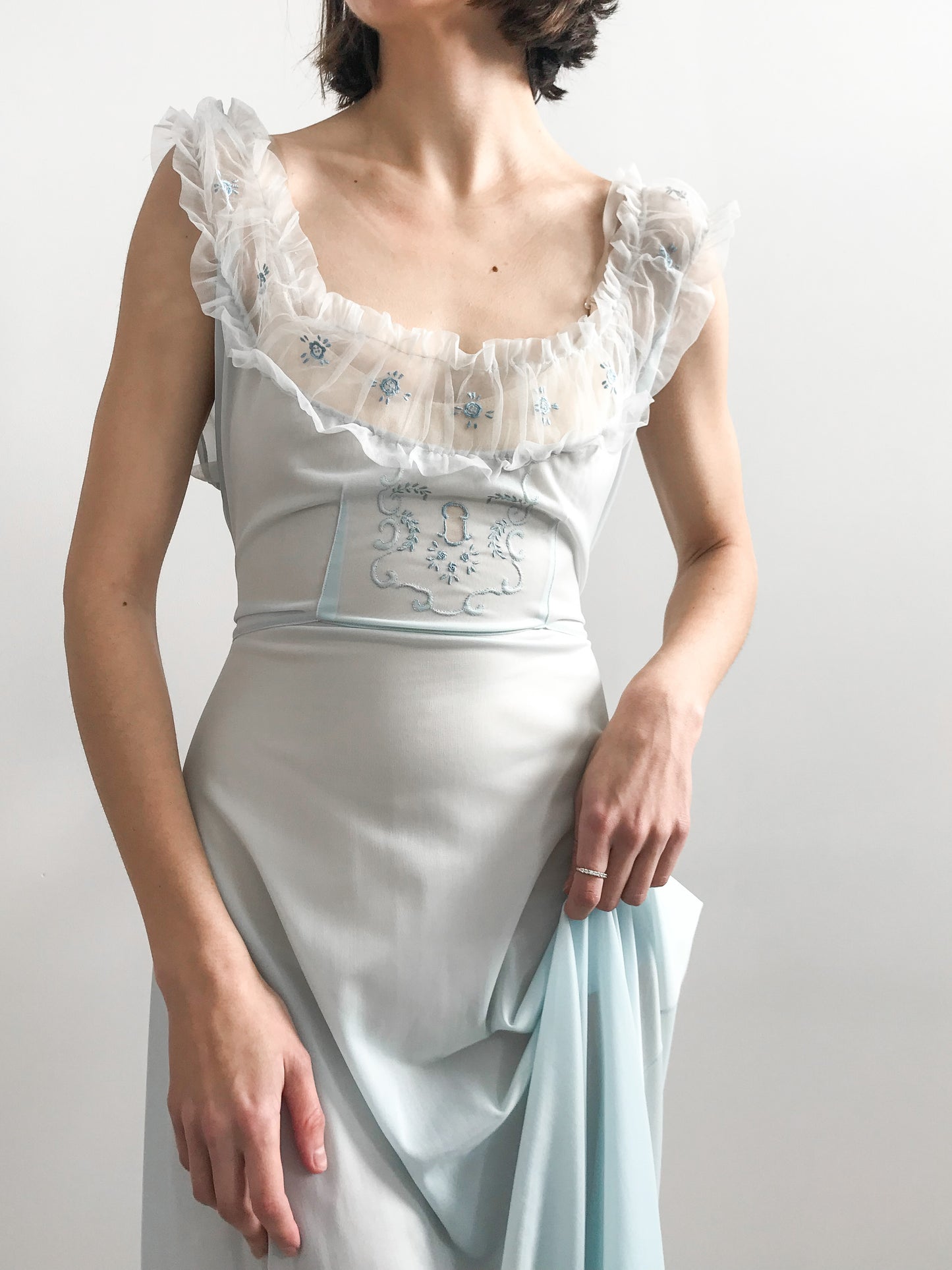 1940s Baby Blue Ruffled Floral Gown