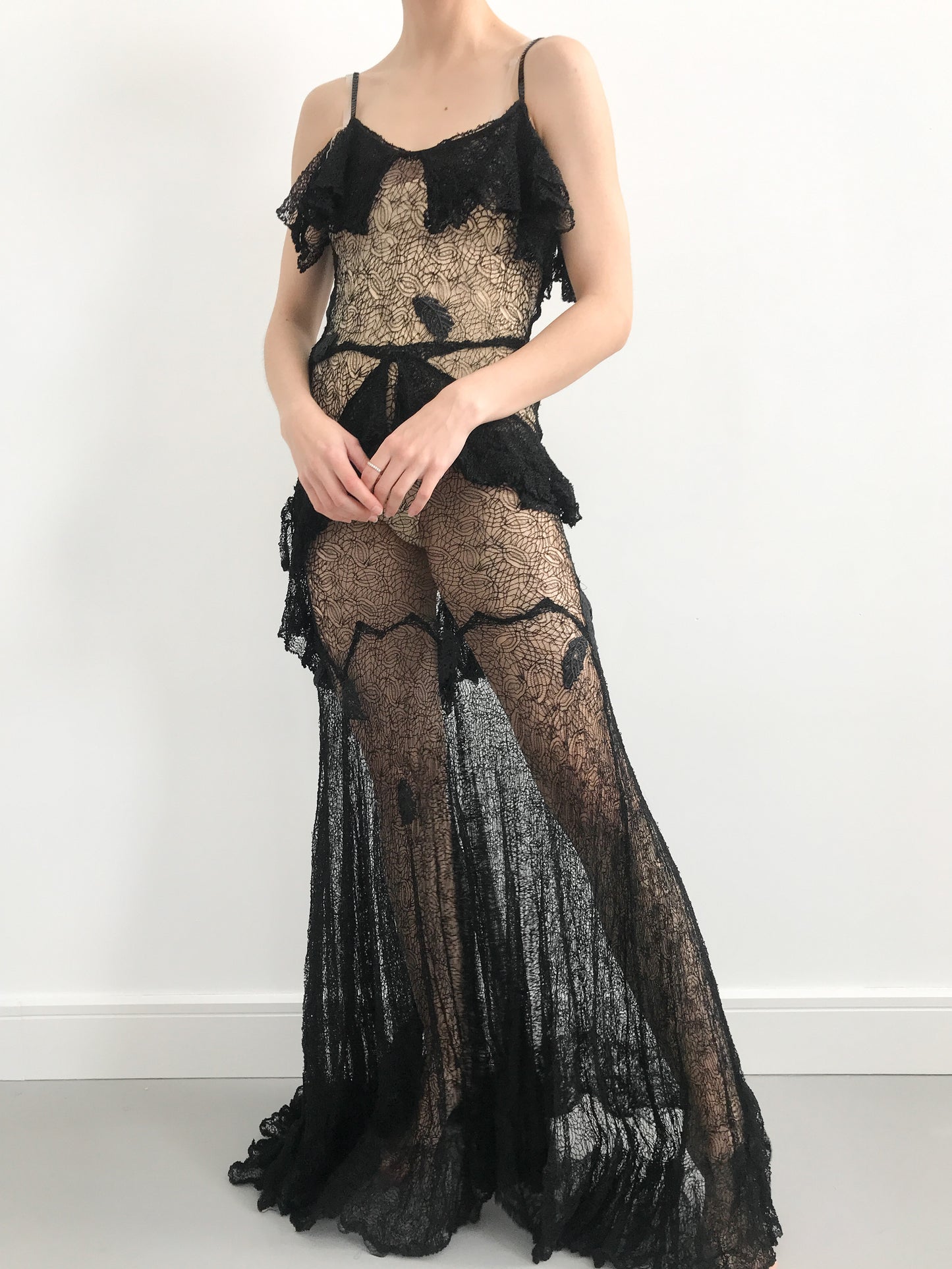 1930s Lace and Leaf Applique Net Dress