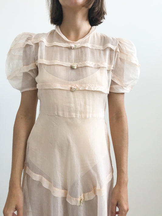 1930s Tiered Organza Puff Sleeve Dress