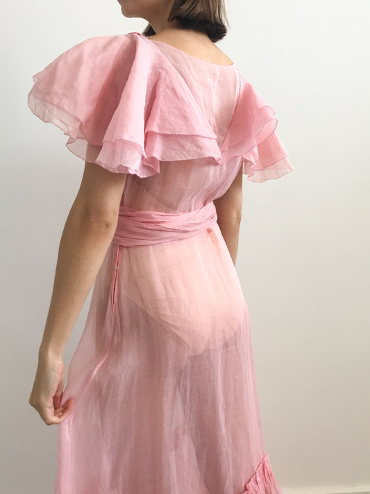 1930s Bubblegum Pink Ruffled Organza Dress