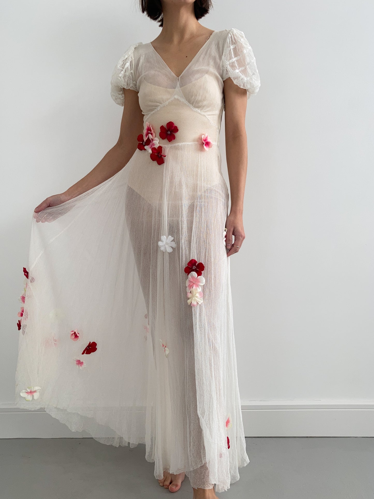 1930s Puff Sleeve Net Applique Dress