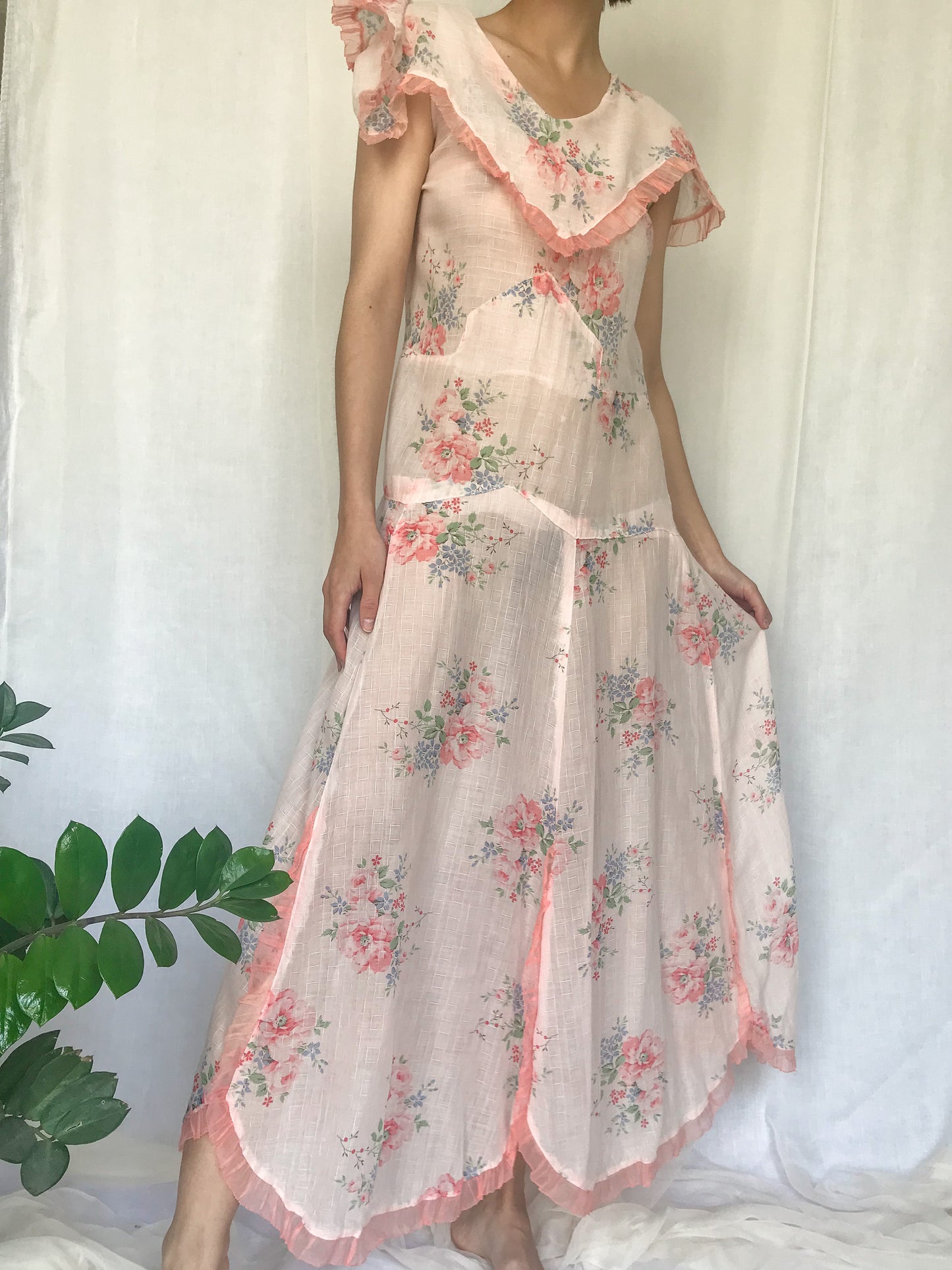 1930s Sheer Organdy Rose Print Tea Dress