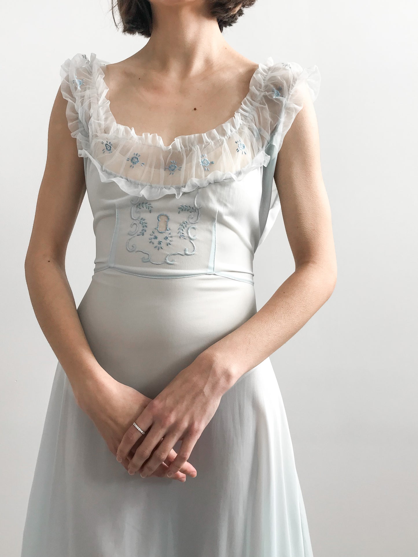 1940s Baby Blue Ruffled Floral Gown