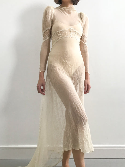 1940s Sheer Chiffon Lace Wedding Dress