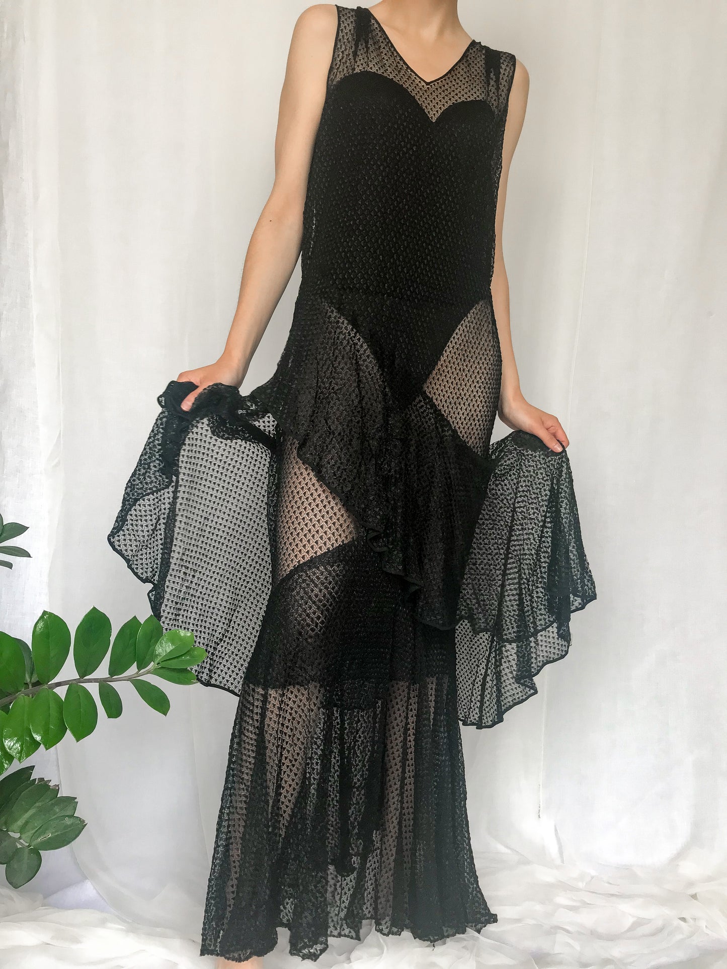 1930s Black Sheer Ruffled Net Gown