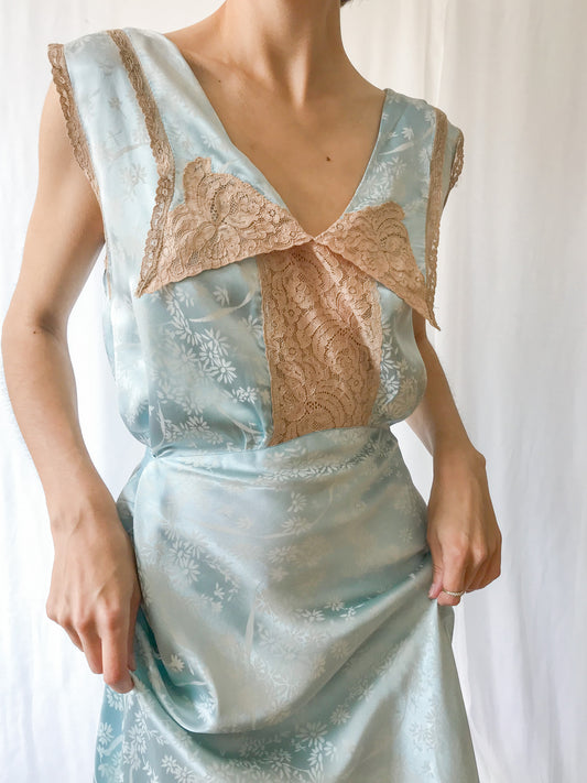 1930s Silk Blue Gown with Champagne Lace