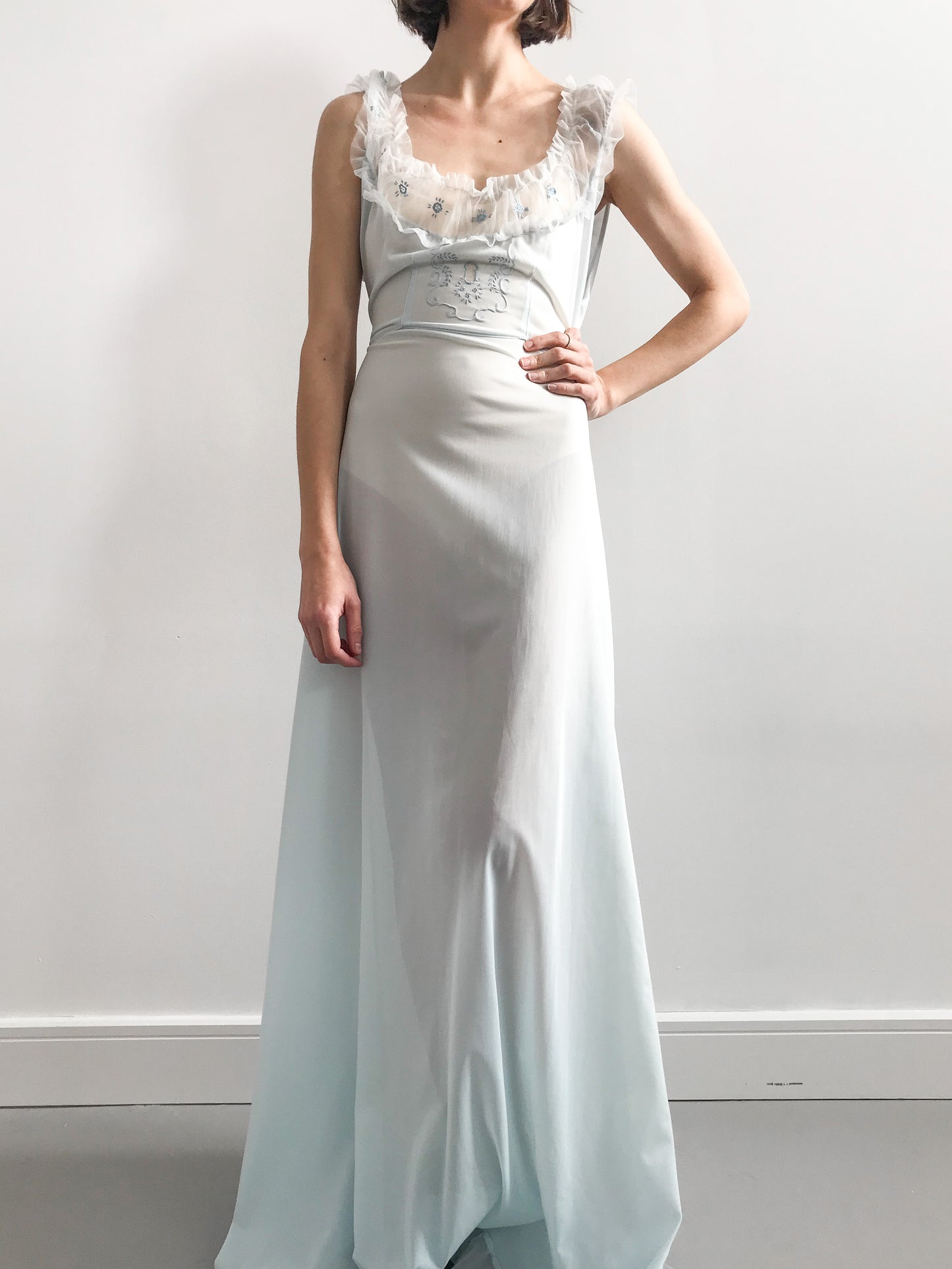1940s Baby Blue Ruffled Floral Gown