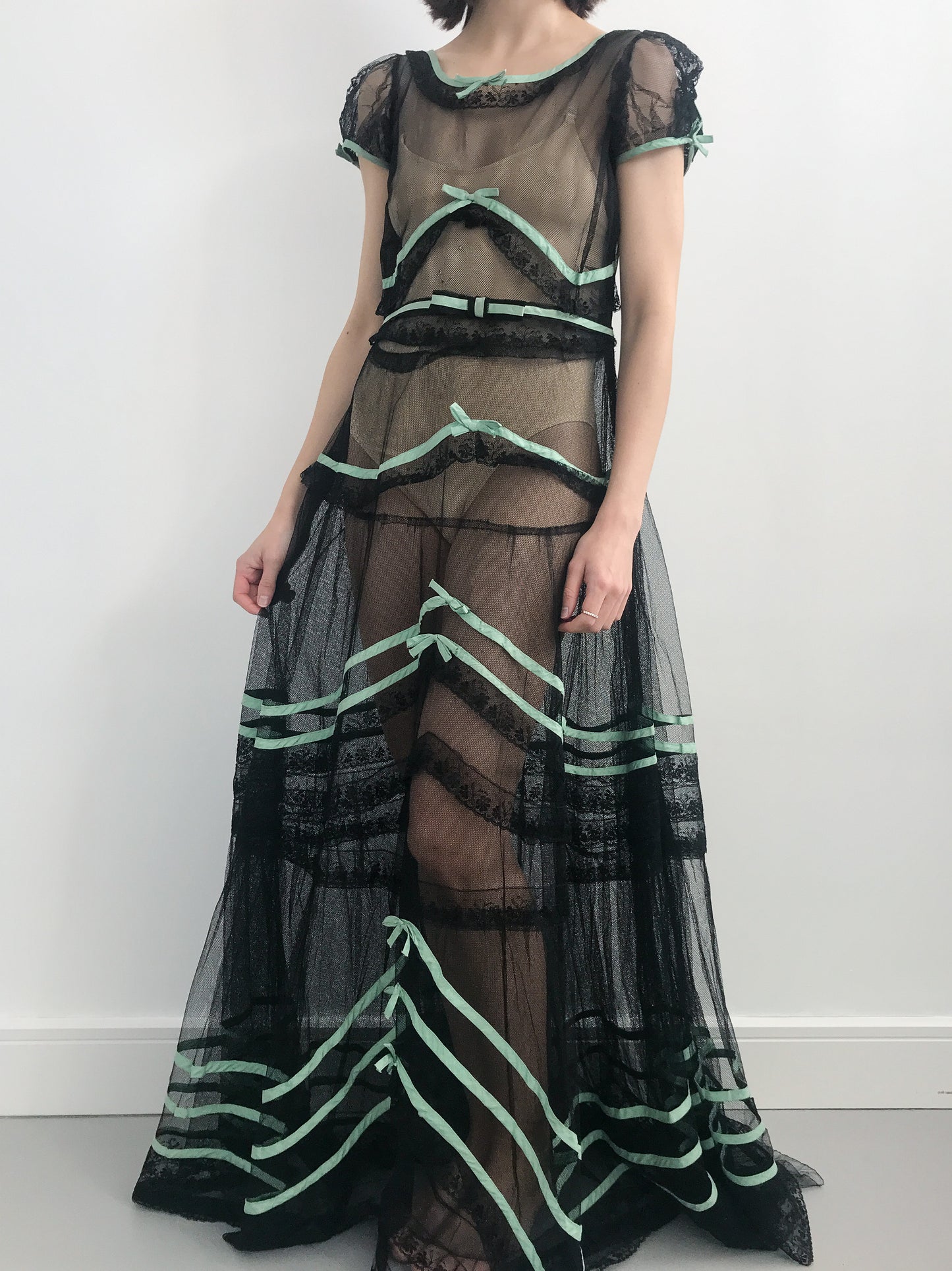 1930s Black Lace and Green Ribbon Dress