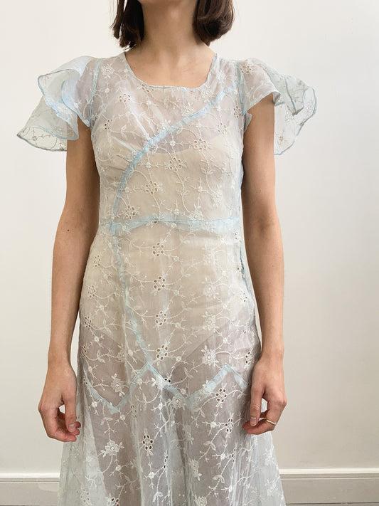 1930s Blue Floral Cotton Organdy Dress