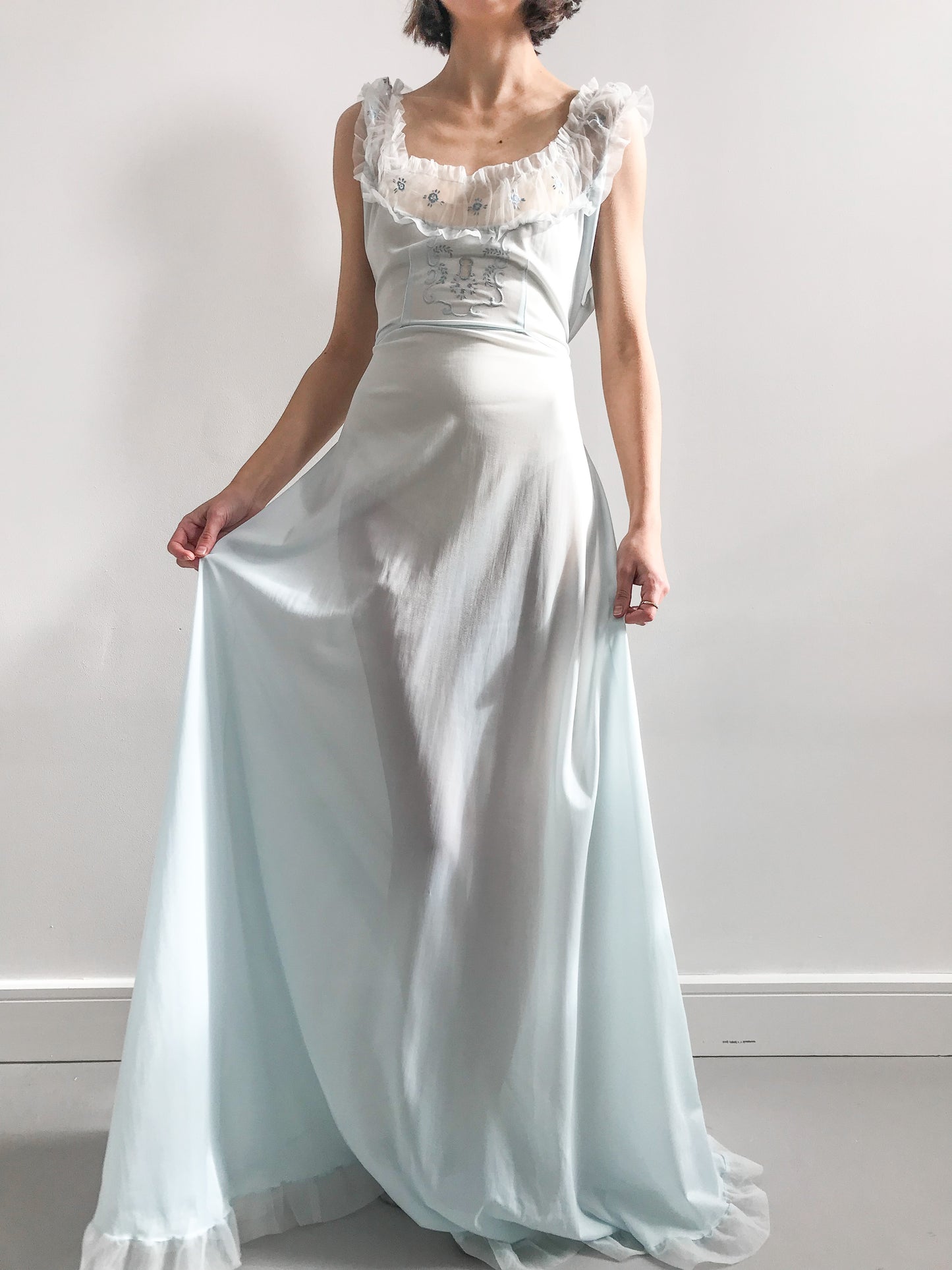 1940s Baby Blue Ruffled Floral Gown