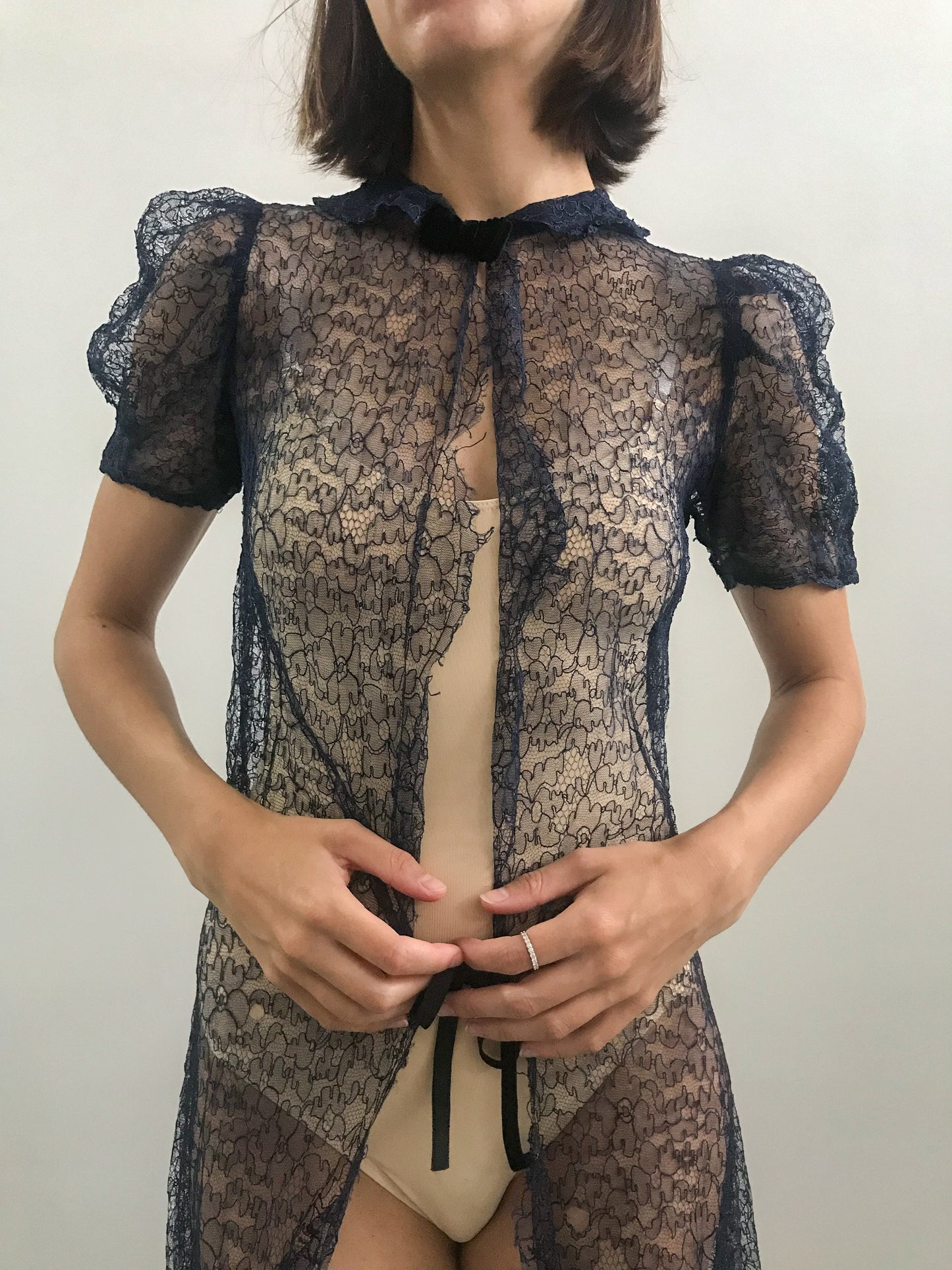 1930s Midnight All Lace Open Front Robe