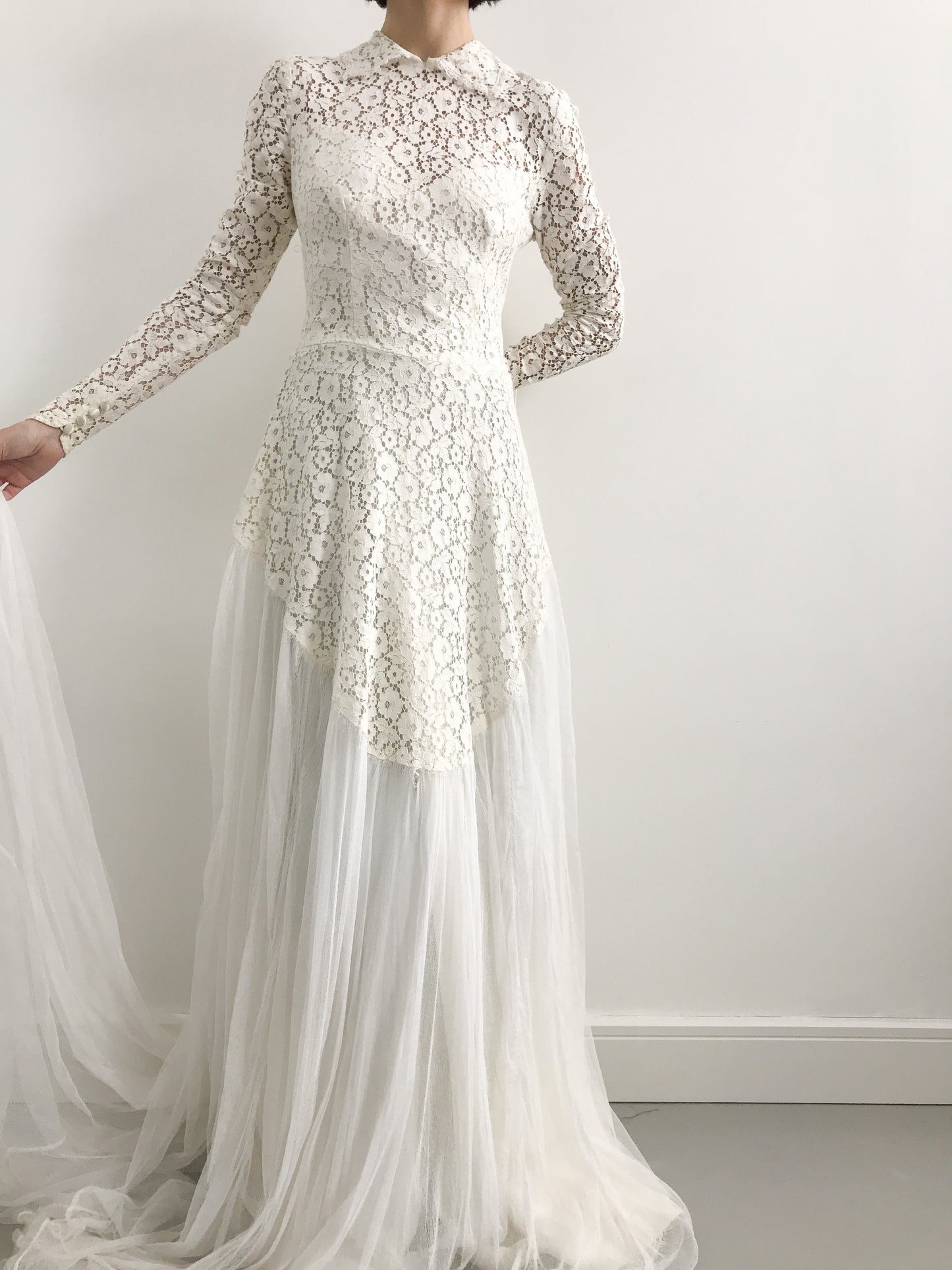 1940s Floral Lace and Tulle Wedding Dress