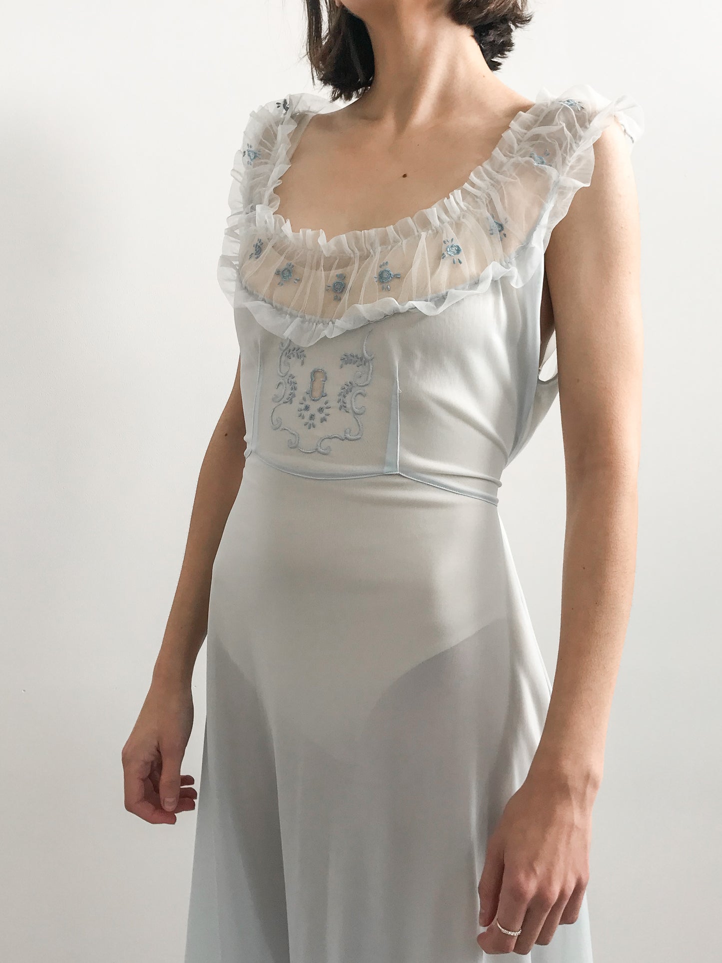 1940s Baby Blue Ruffled Floral Gown