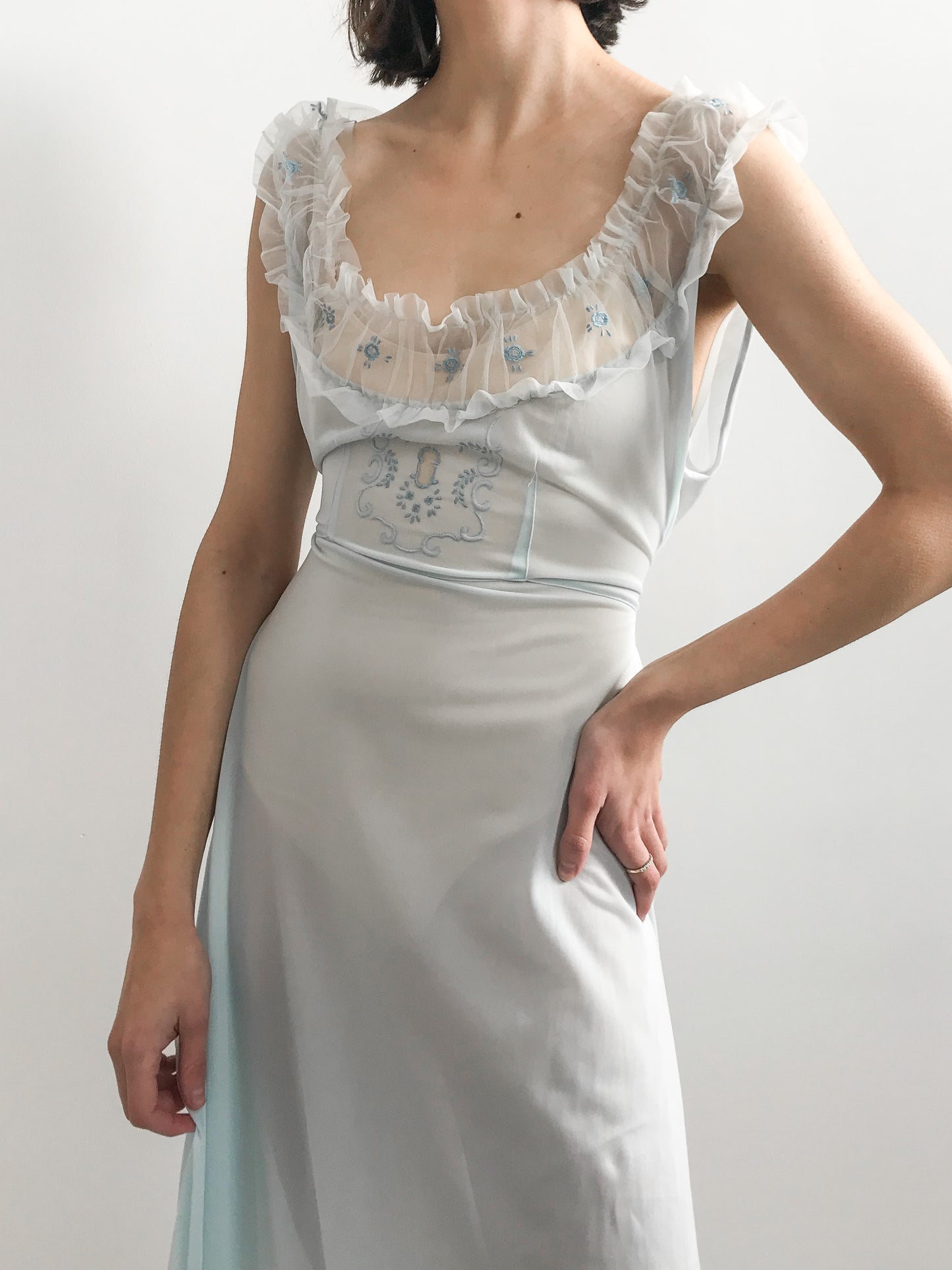 1940s Baby Blue Ruffled Floral Gown