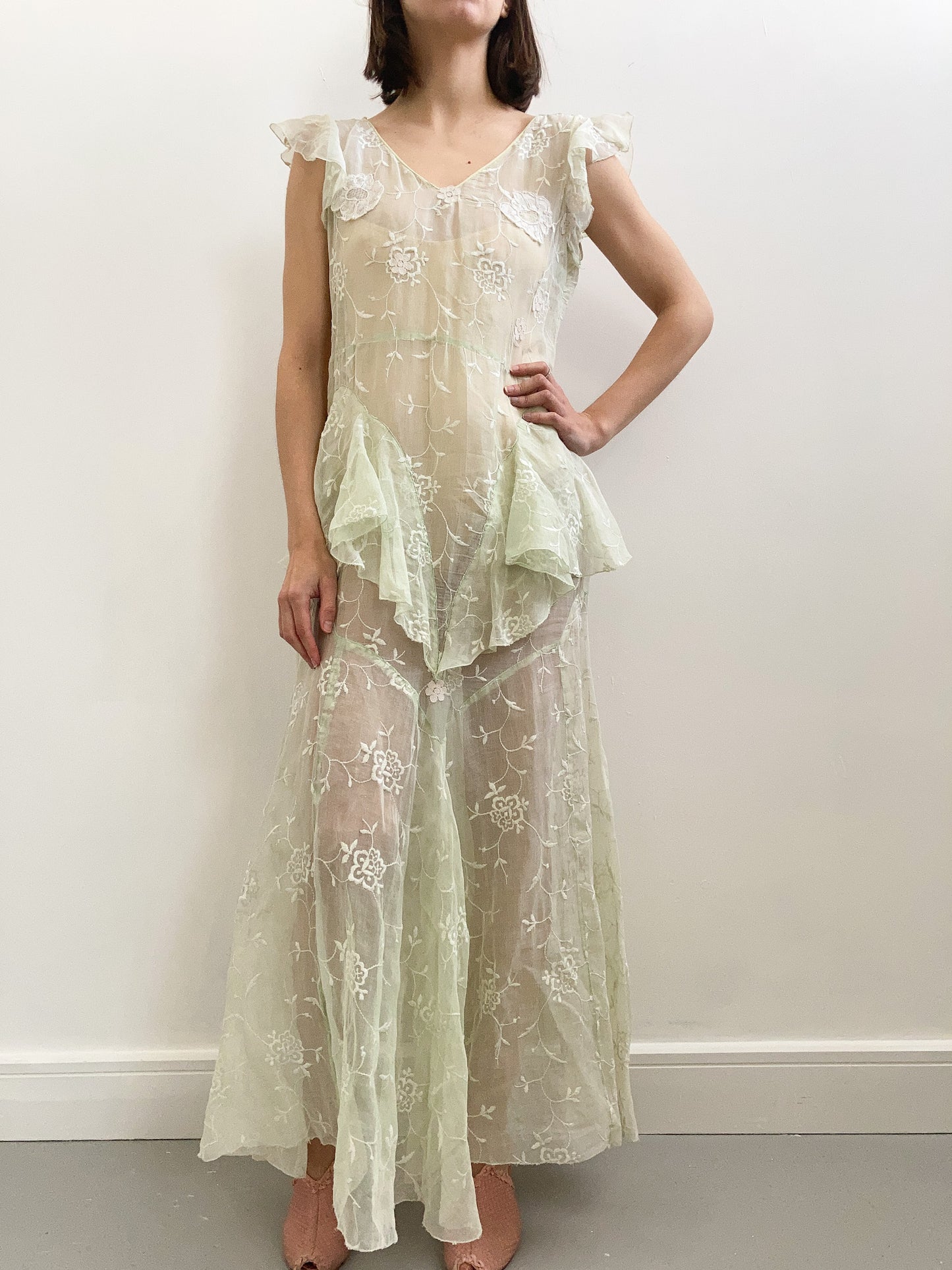 1930s Green Floral Organdy Peplum Dress