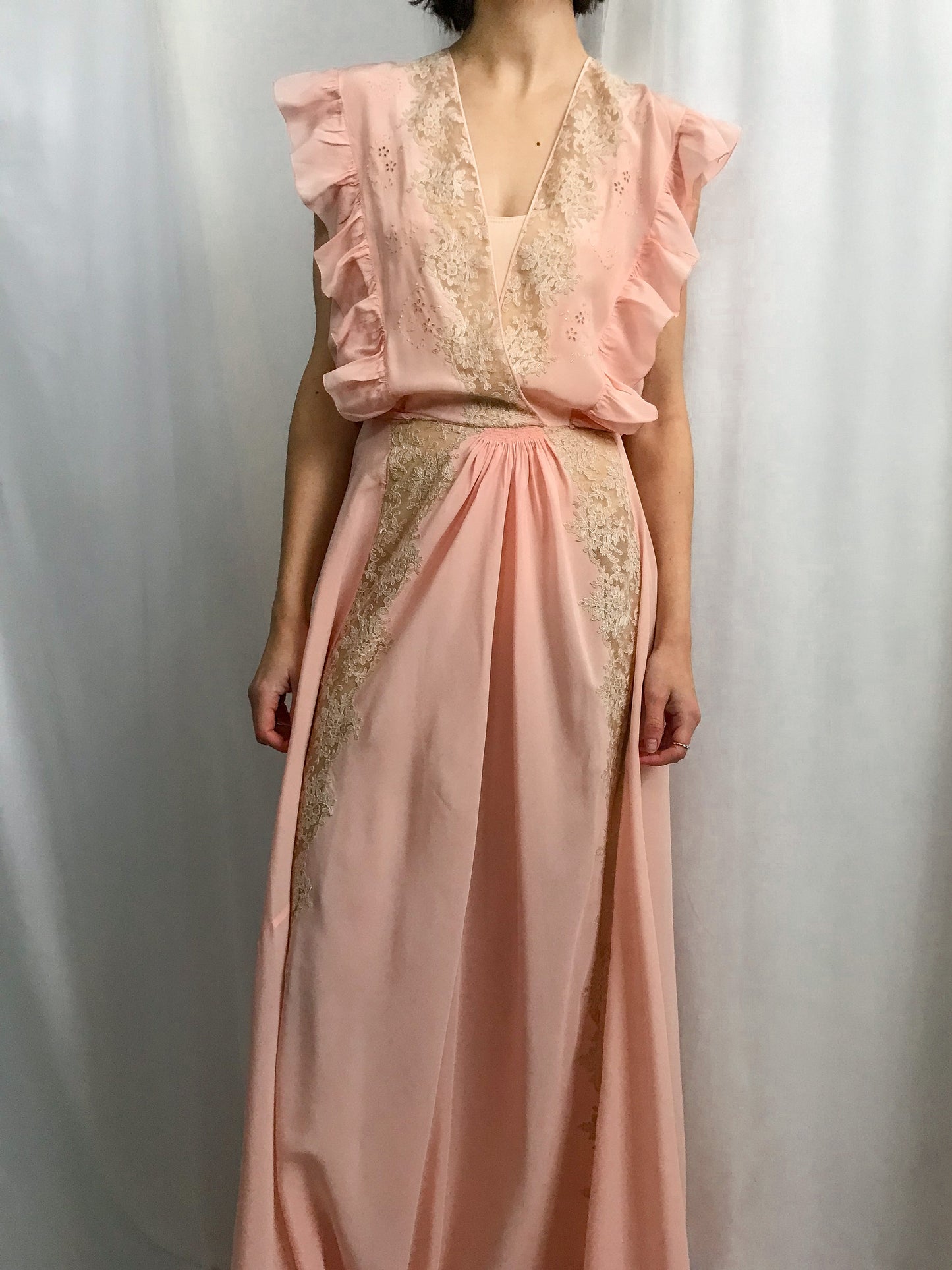 1930s Embroidered Tie Front Silk Gown