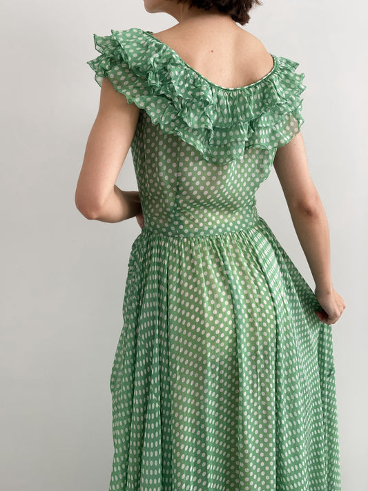 1930s Green Ruffled Polka Dot Dress