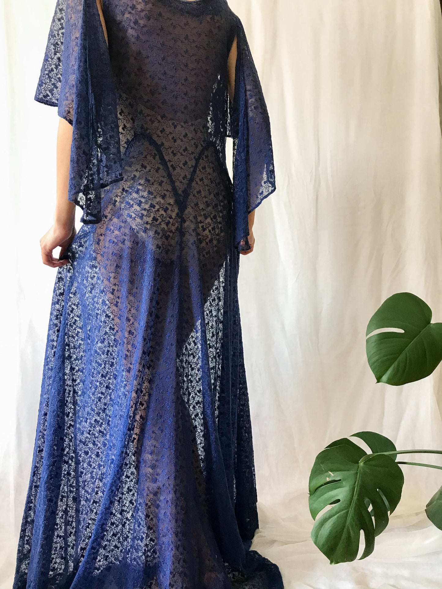 1940s Blue Net Lace Evening Gown