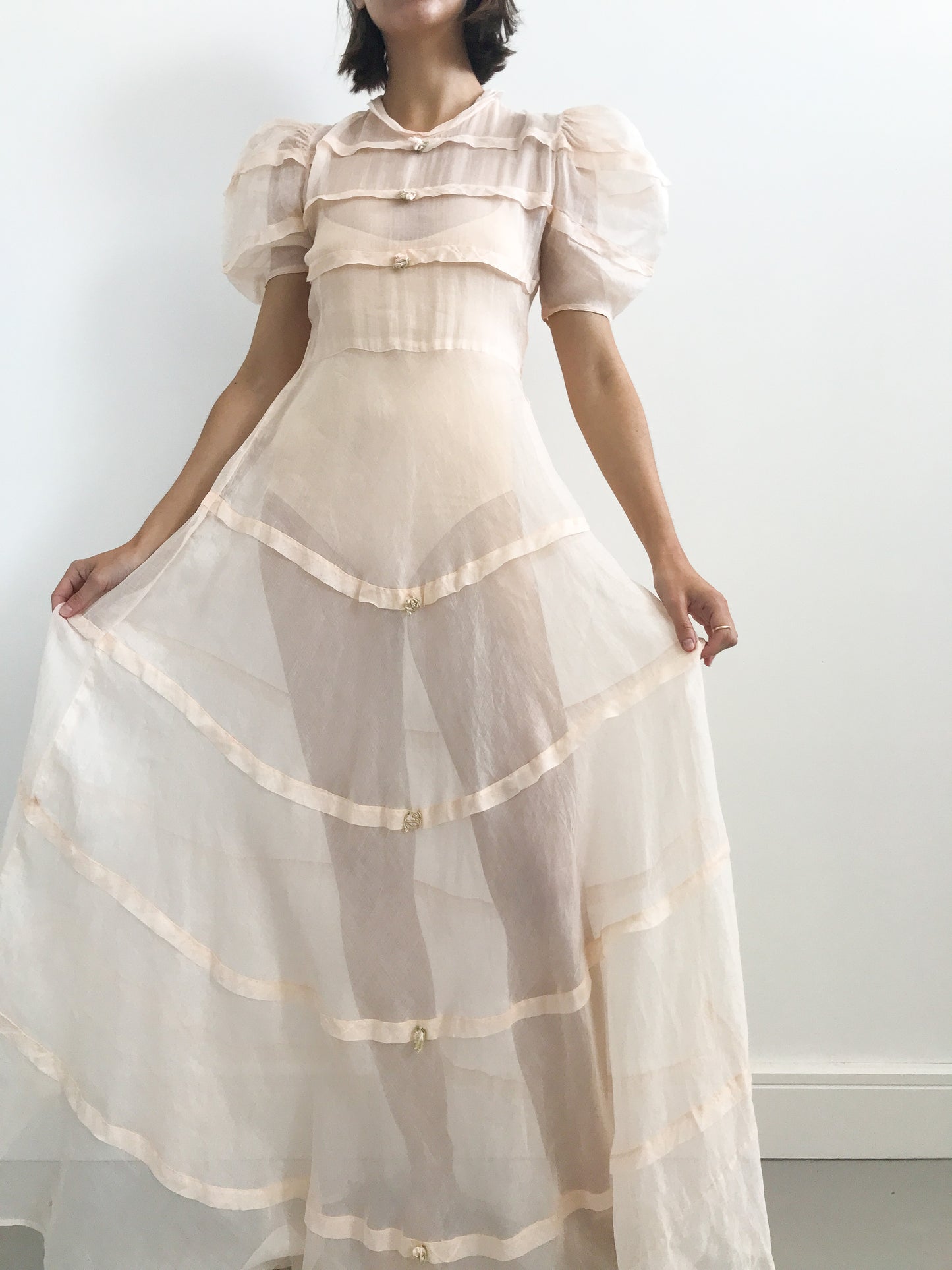 1930s Tiered Organza Puff Sleeve Dress