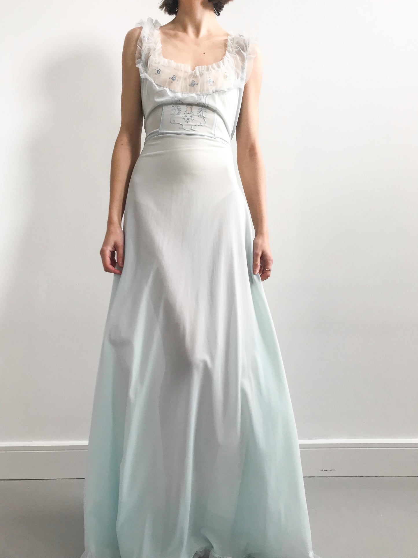 1940s Baby Blue Ruffled Floral Gown