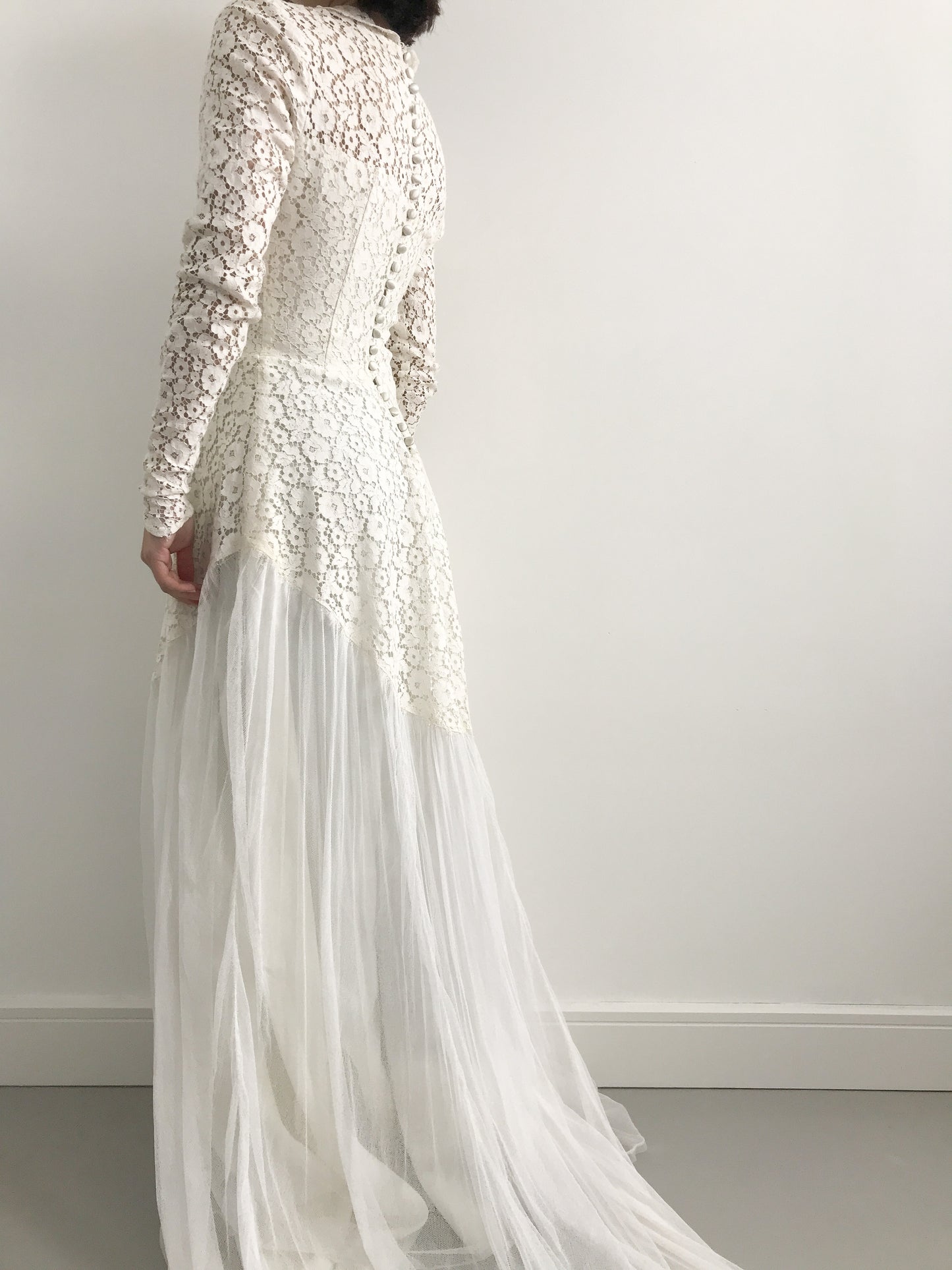 1940s Floral Lace and Tulle Wedding Dress