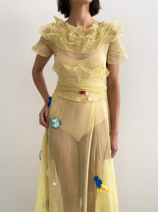 1930s Yellow Floral Ruffled Applique Dress