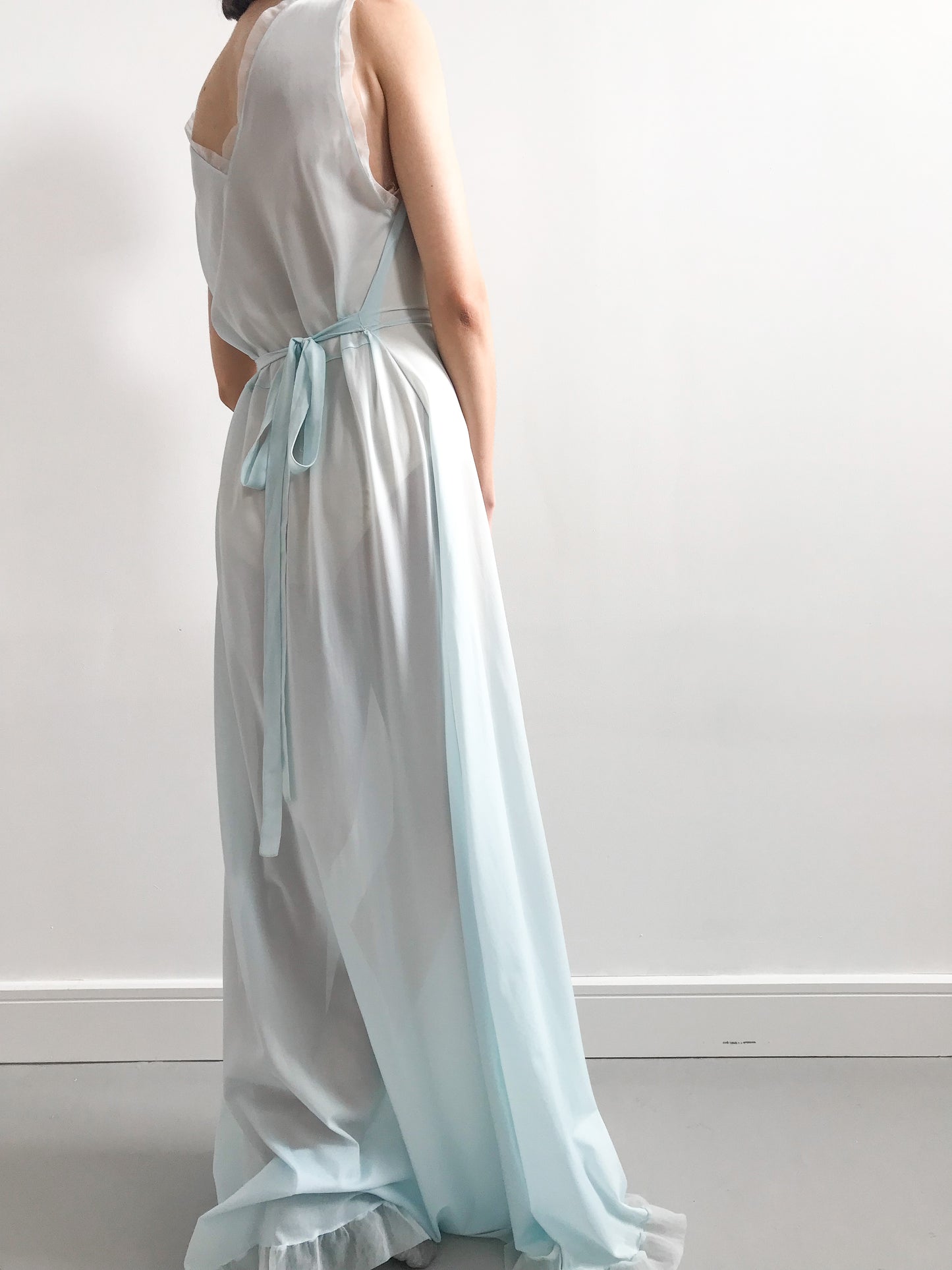 1940s Baby Blue Ruffled Floral Gown