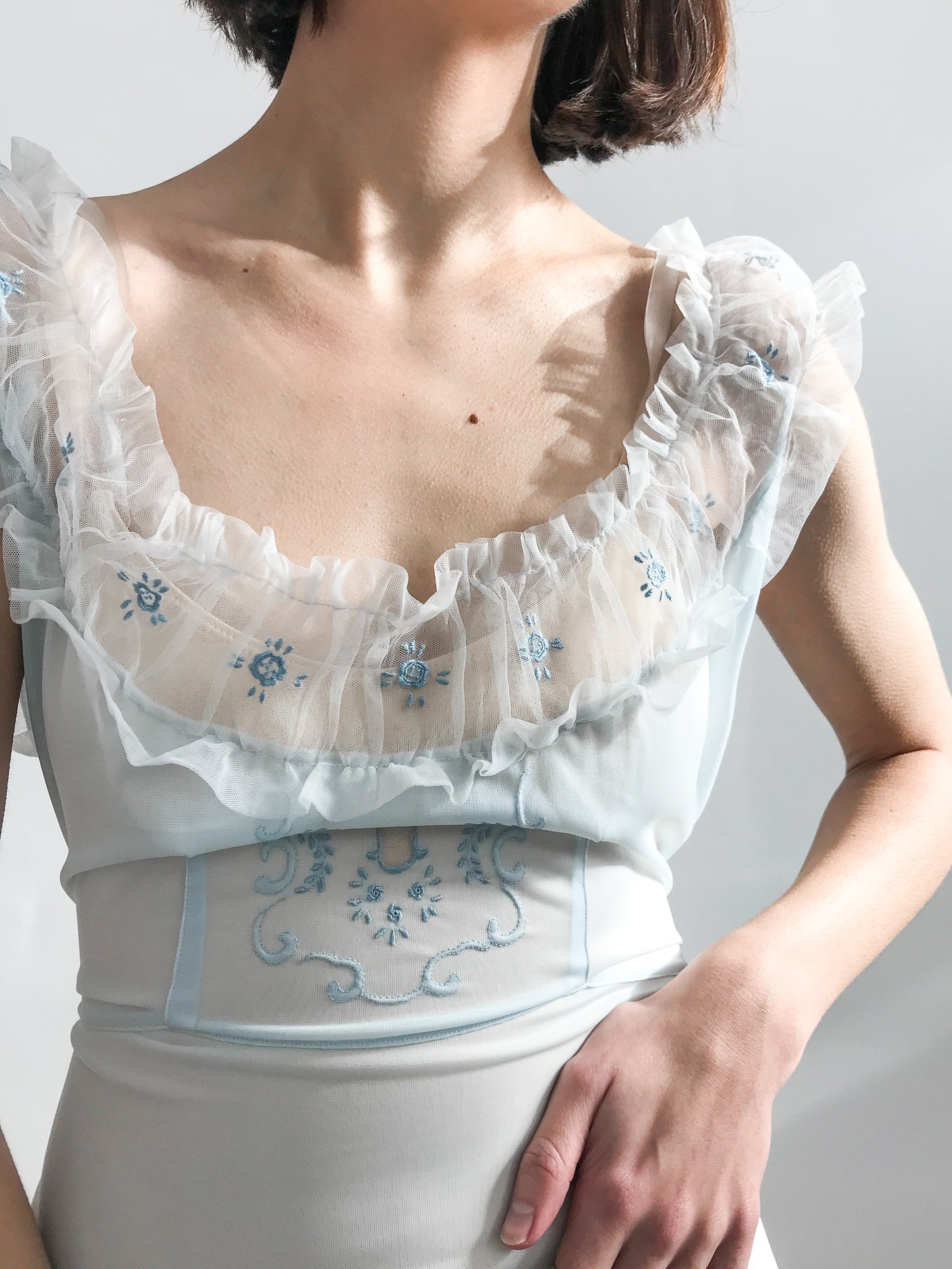 1940s Baby Blue Ruffled Floral Gown