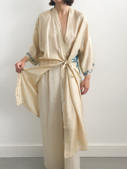 Antique Silk Kimono Robe with Blue Flowers