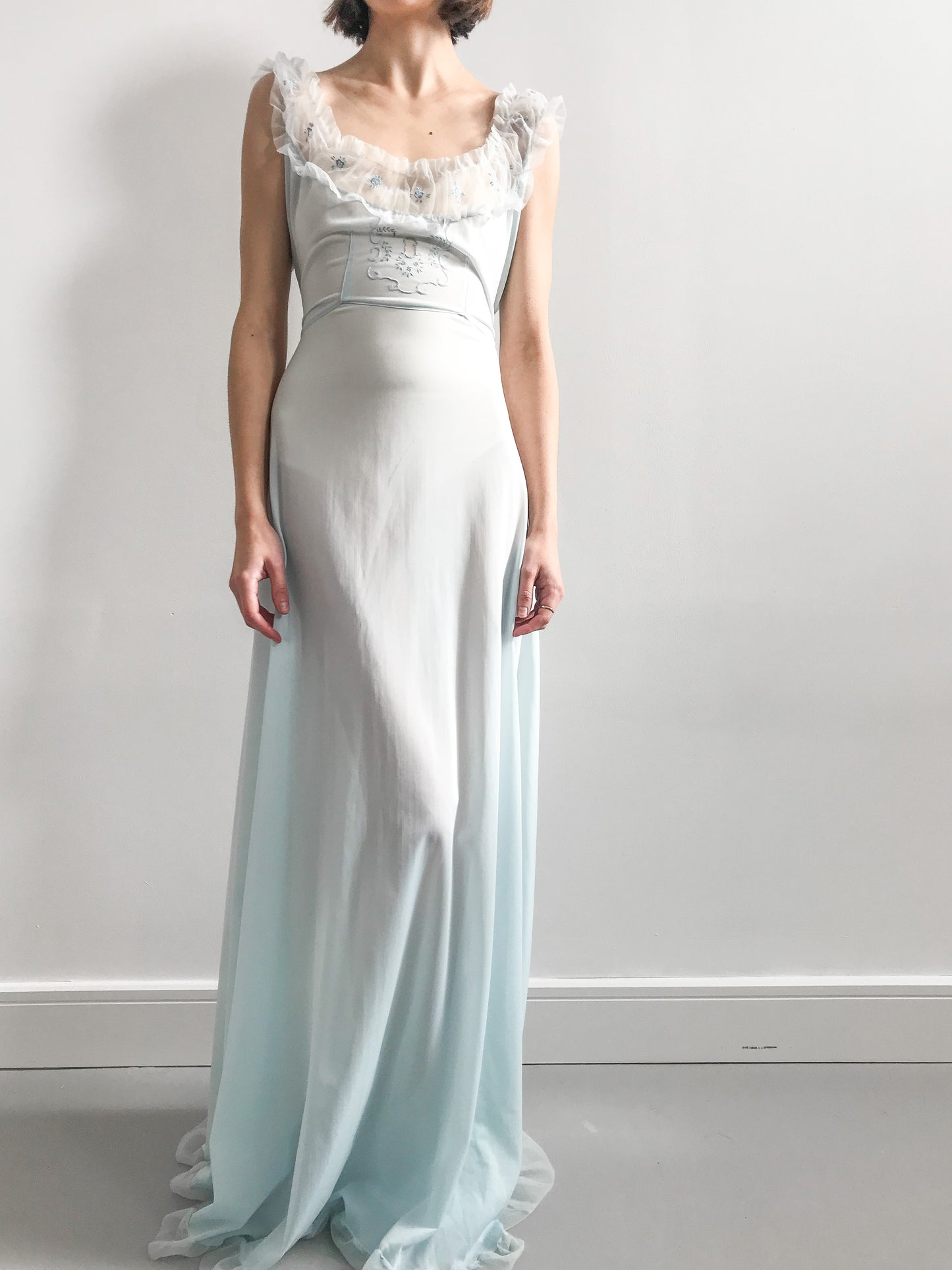 1940s Baby Blue Ruffled Floral Gown