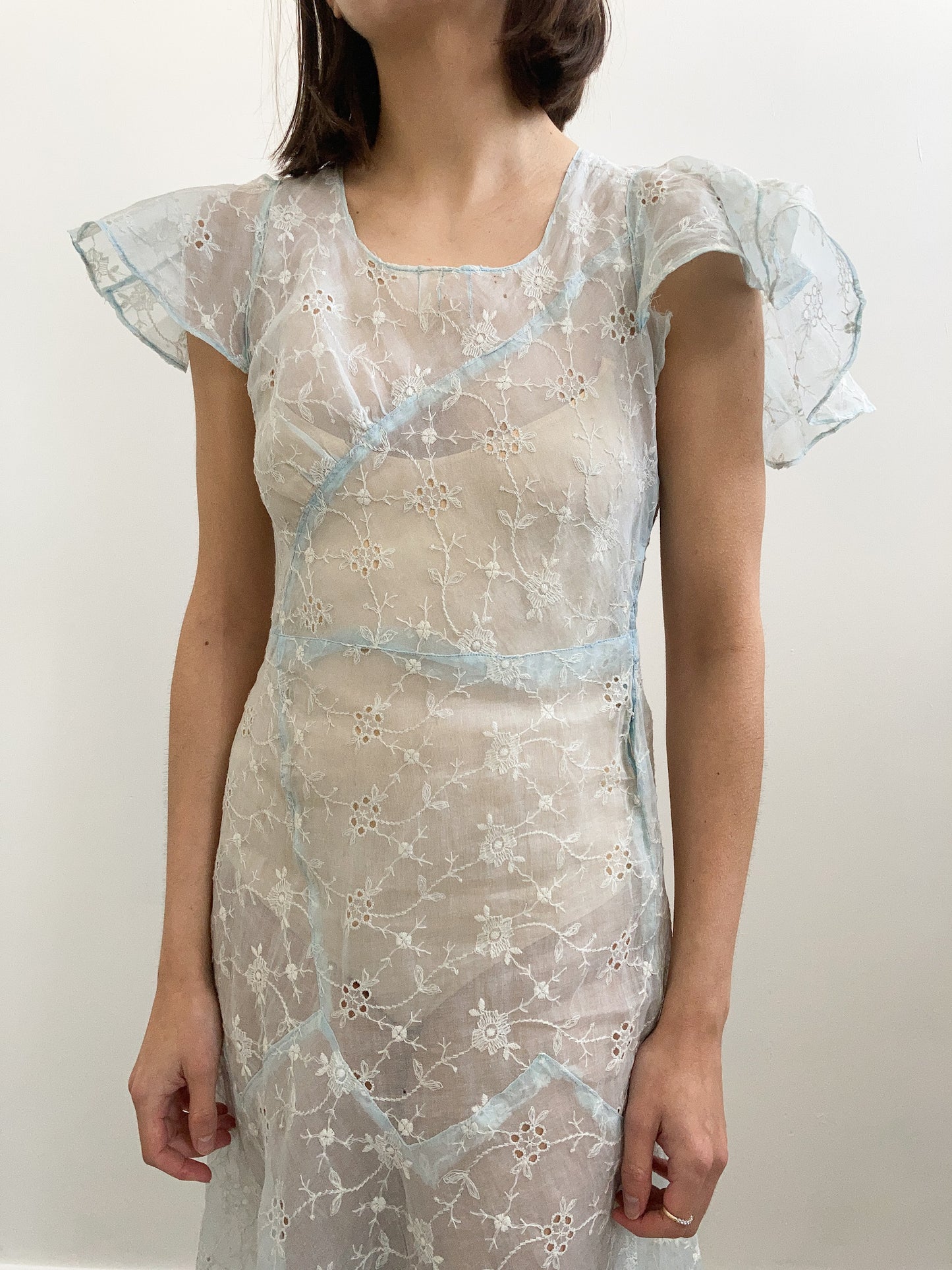 1930s Blue Floral Cotton Organdy Dress