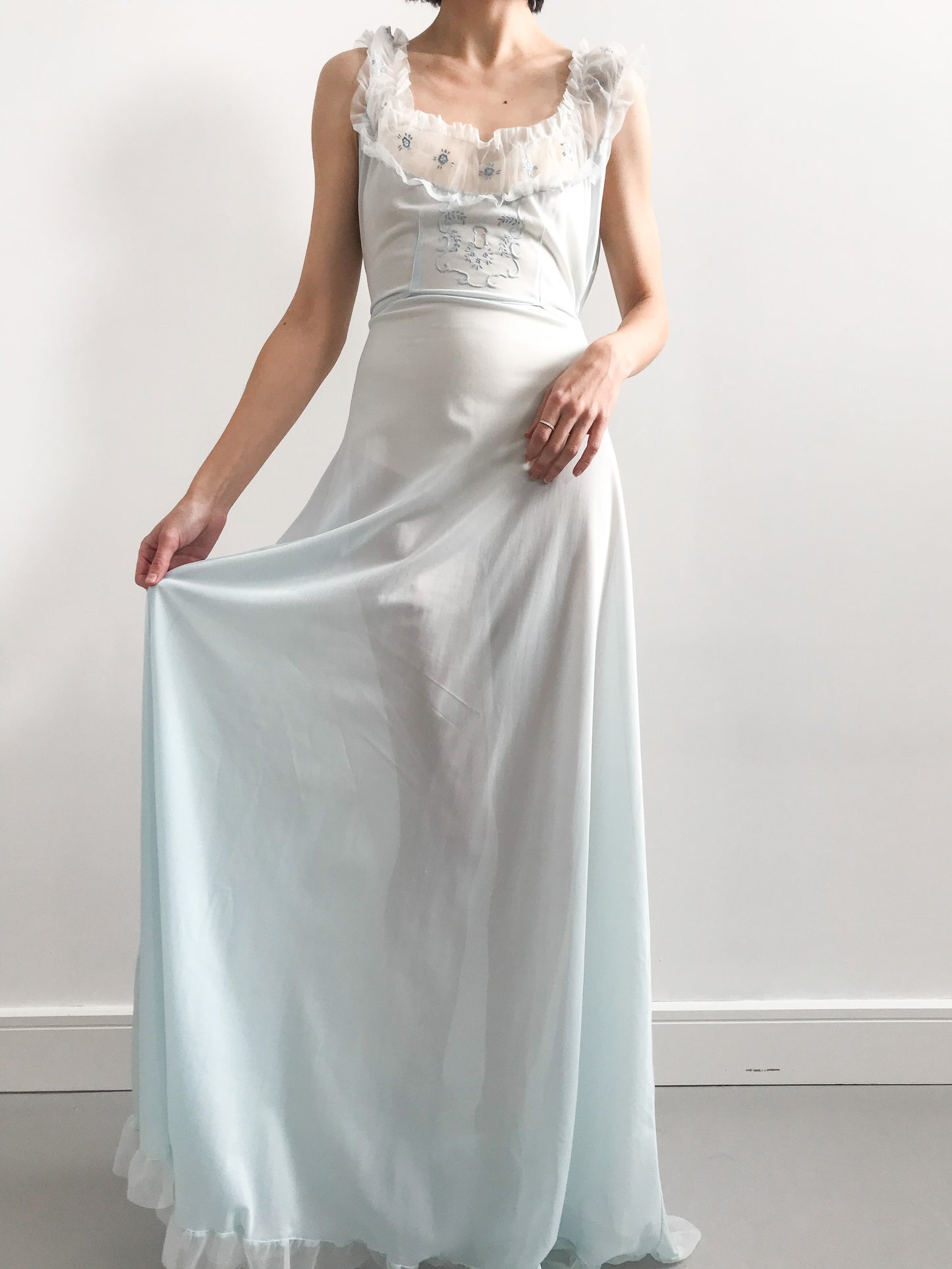 1940s Baby Blue Ruffled Floral Gown