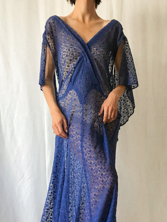 1940s Blue Net Lace Evening Gown
