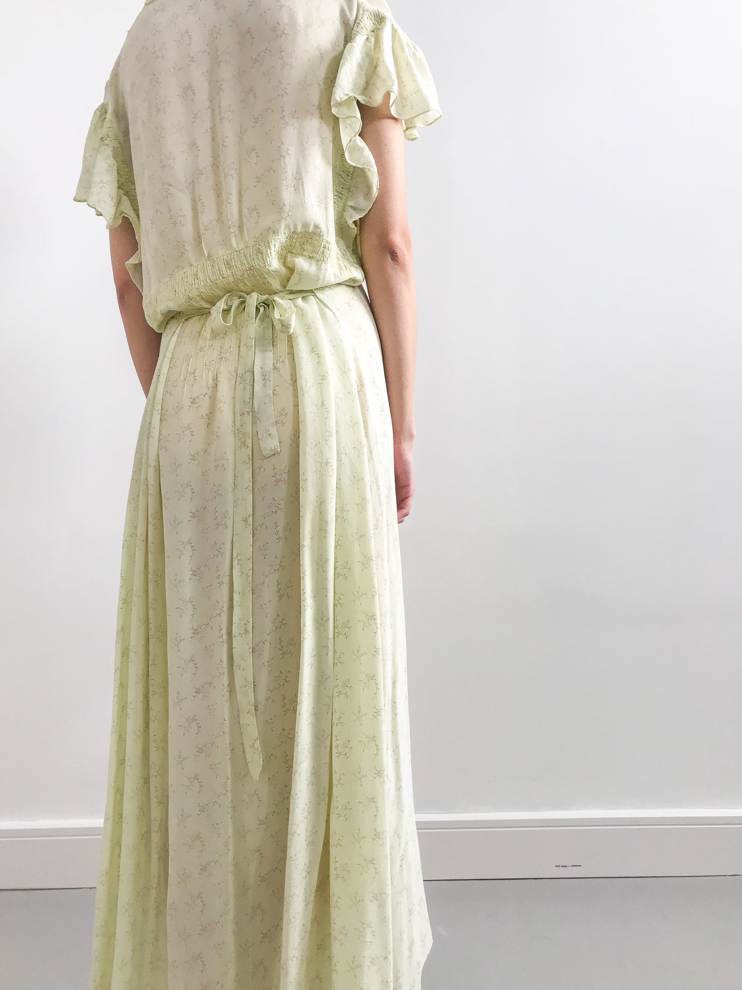 1940s Yellow Floral Ruffled Silk Gown