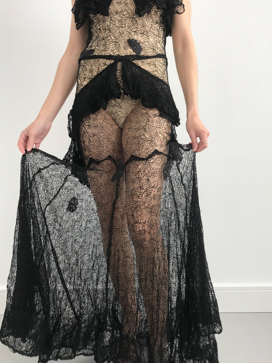 1930s Lace and Leaf Applique Net Dress