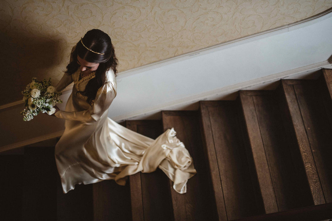 Molly Wilkinson in a silk 1930s wedding gown