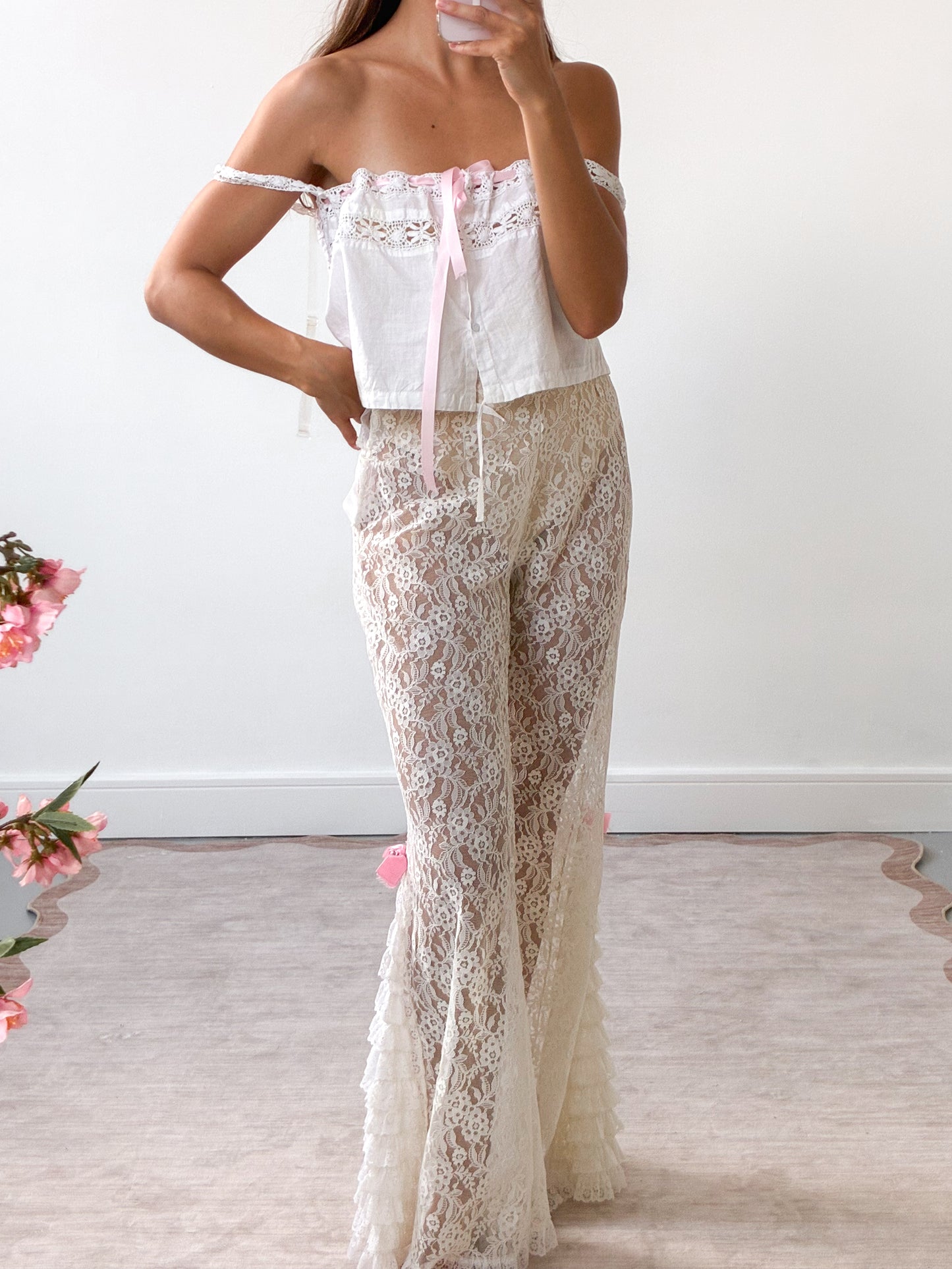Antique Strappy Camisole With Pink Ribbon