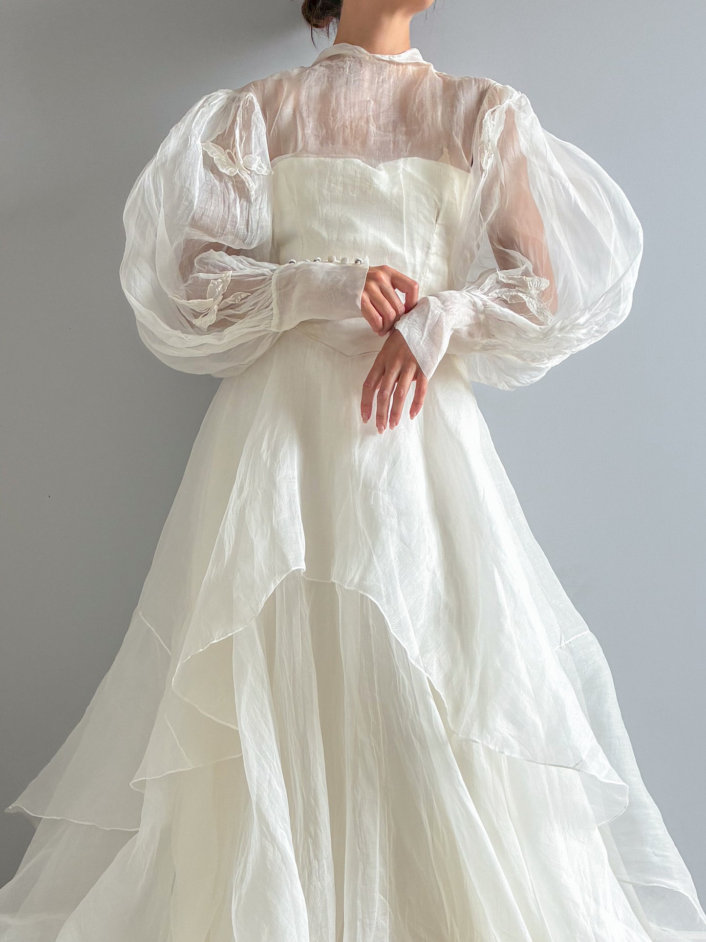 1940s Tiered Organza Wedding Gown With Puff Sleeves And Butterfly Detail