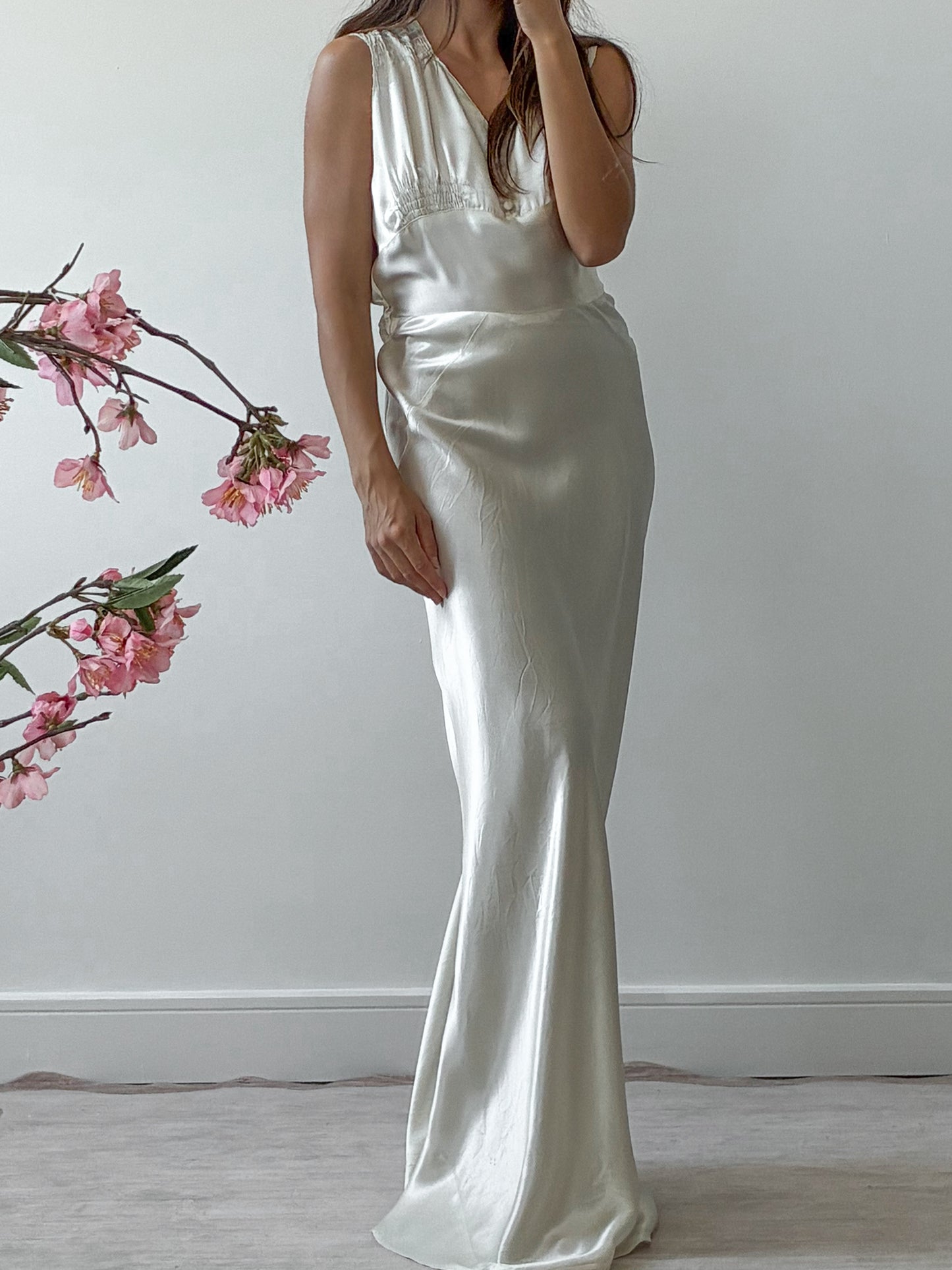 1930s Liquid Satin Bias-Cut Slip Wedding Dress With Matching Belt