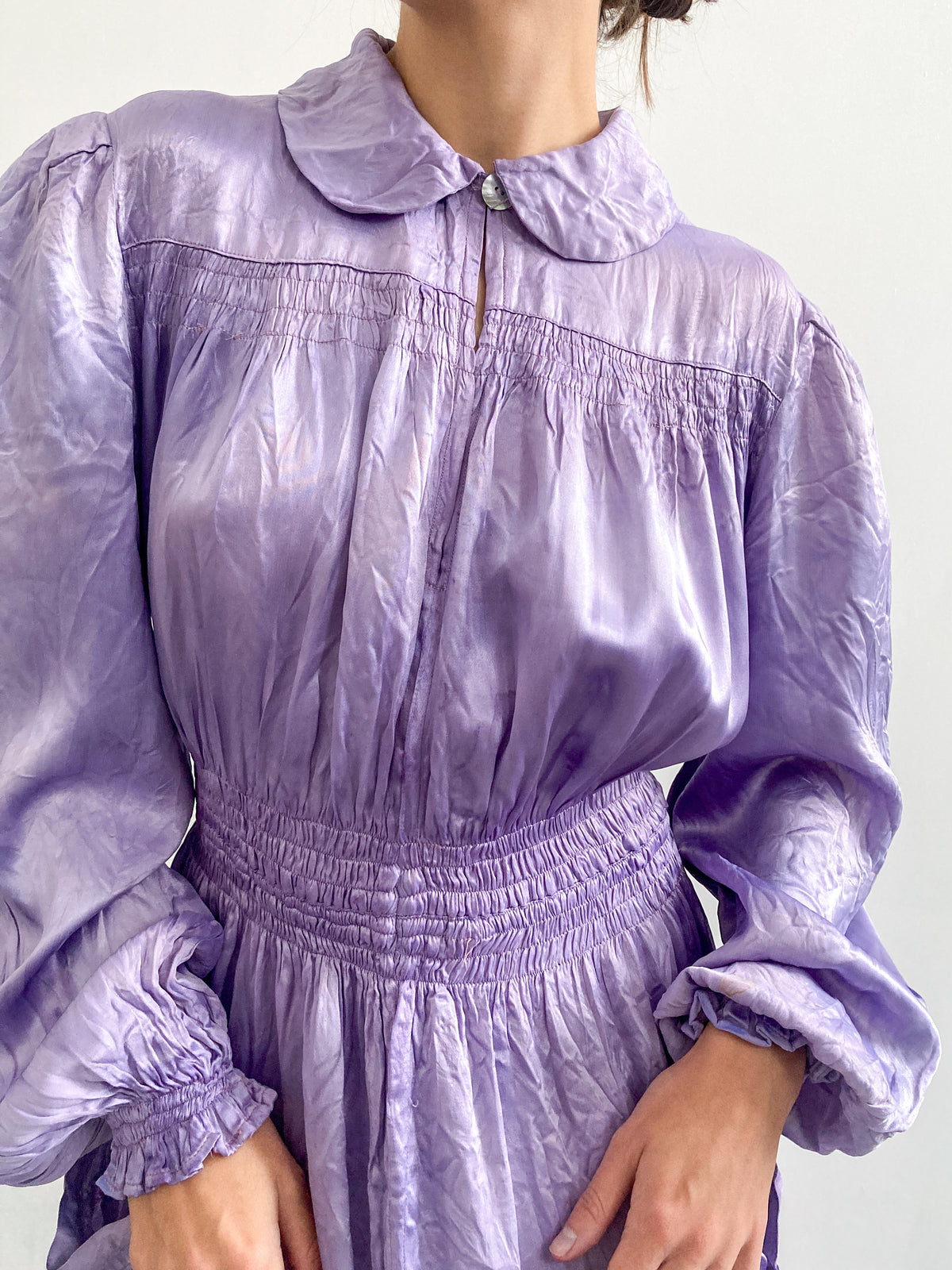 1930s Hand Dyed Satin Puff Sleeve Robe in Wisteria