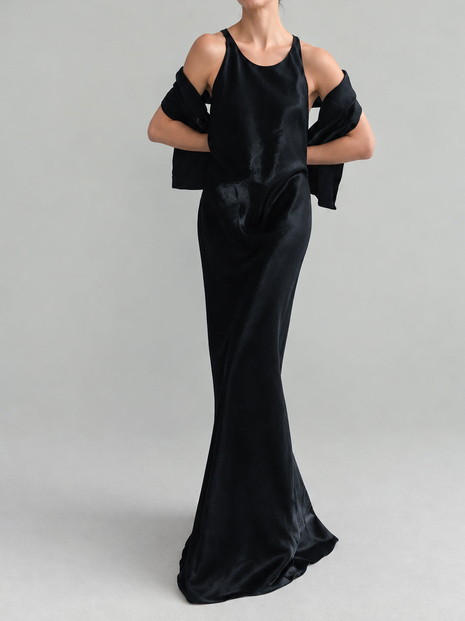 1990s Black Evening Gown with Cage Back and Diamante Straps M