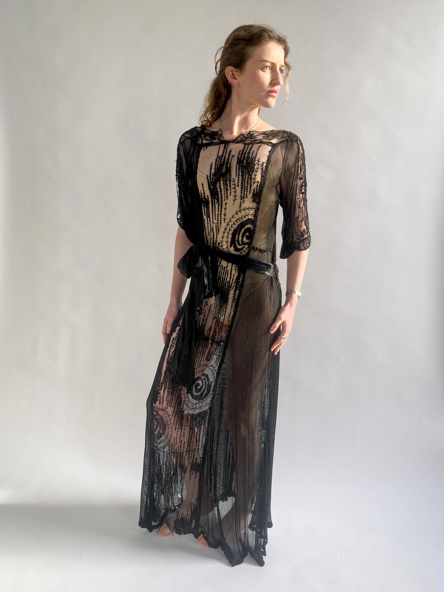 1920s Silk Cotton Black Crochet Dress