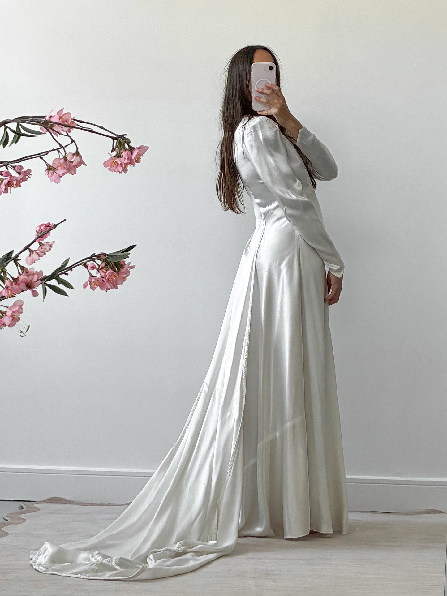 1940s Satin Dress With Wateau Train and Bow Detail