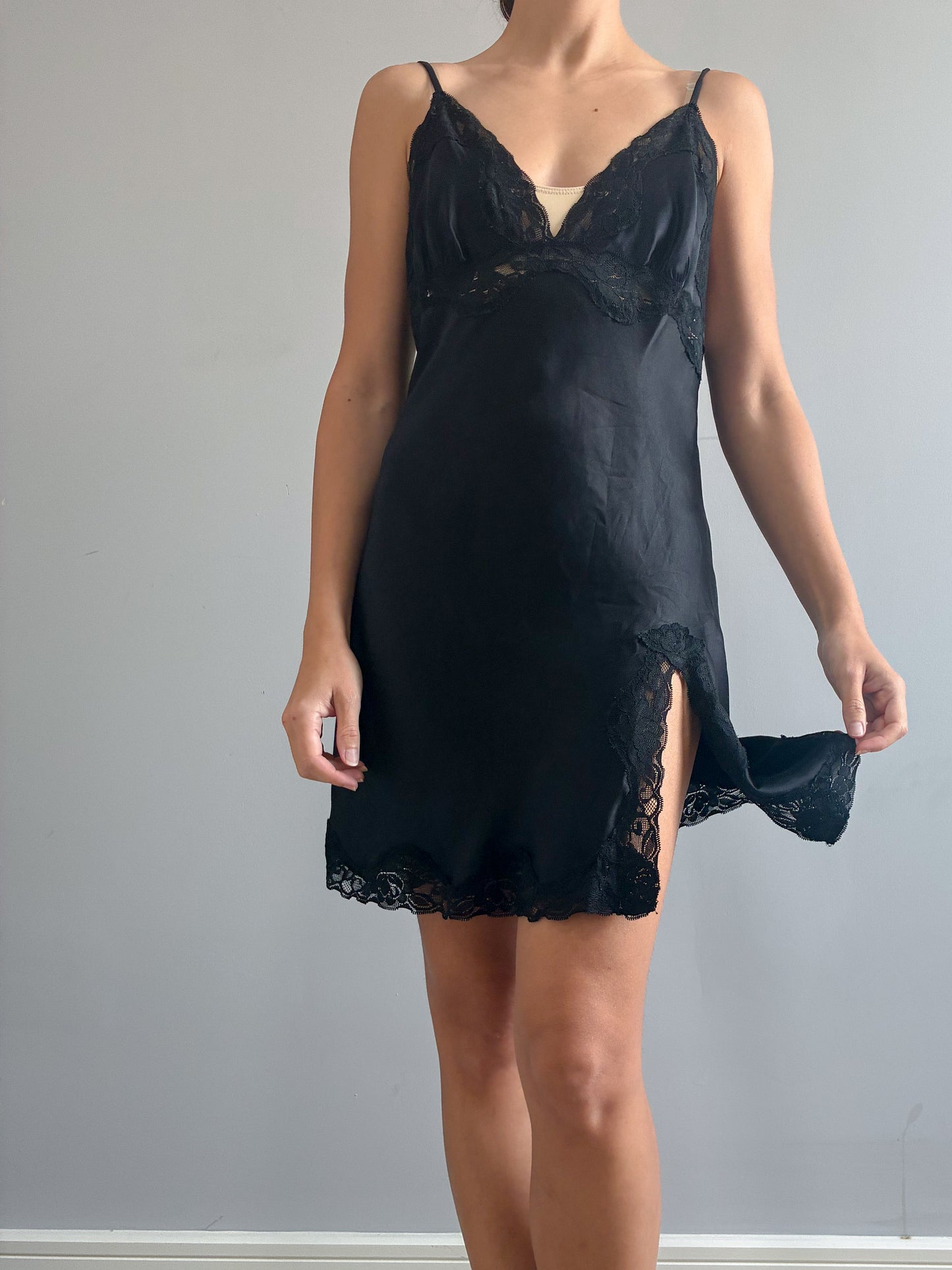 1990s Black Silk Mini Slip With Lace Trim