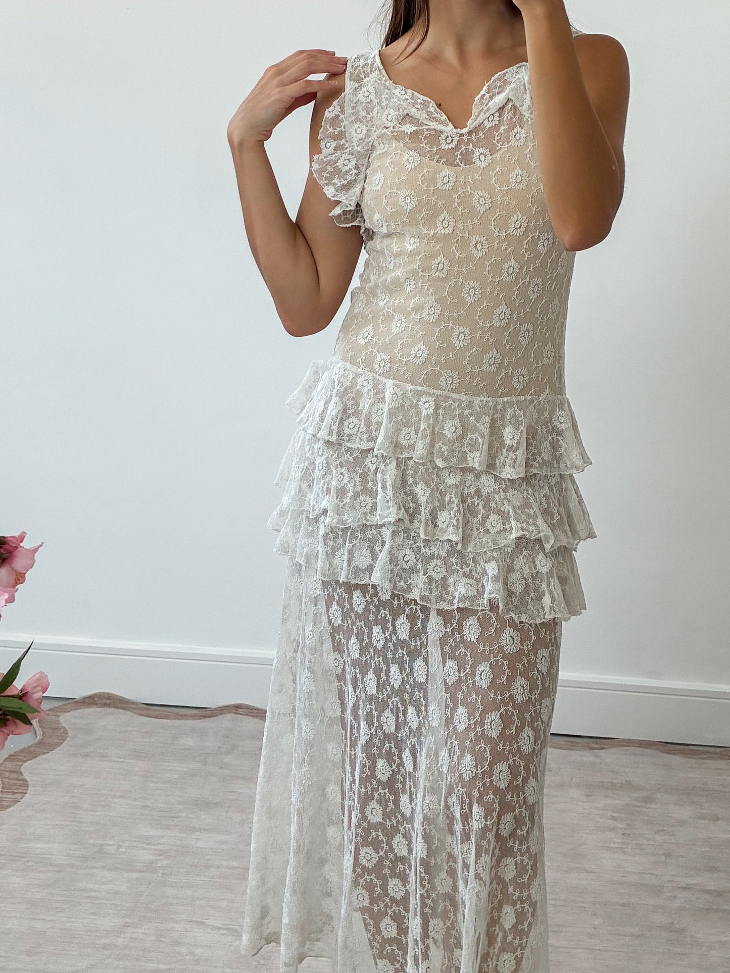 1930s French Floral Lace Dress With Ruffle Detail S