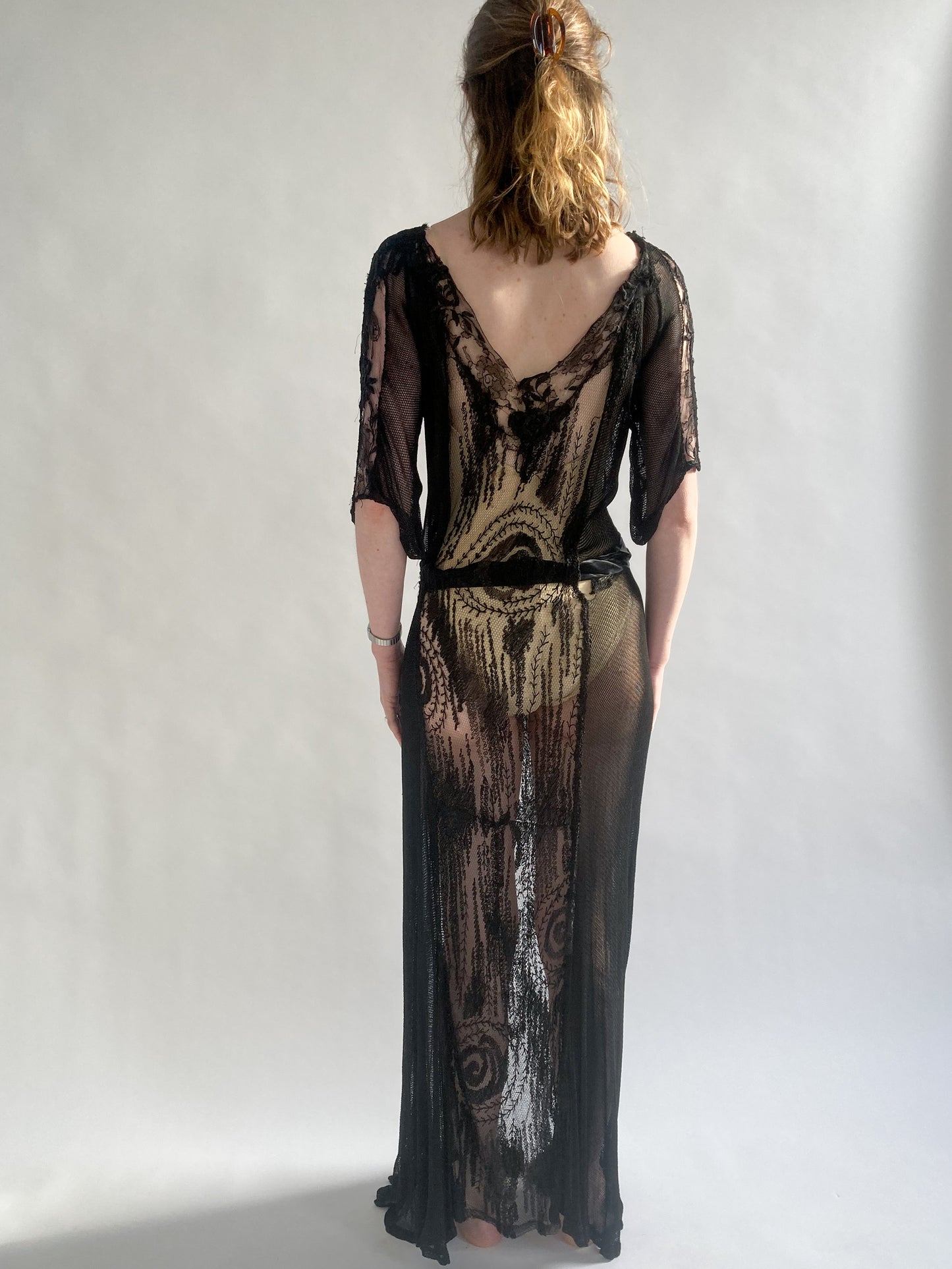 1920s Silk Cotton Black Crochet Dress