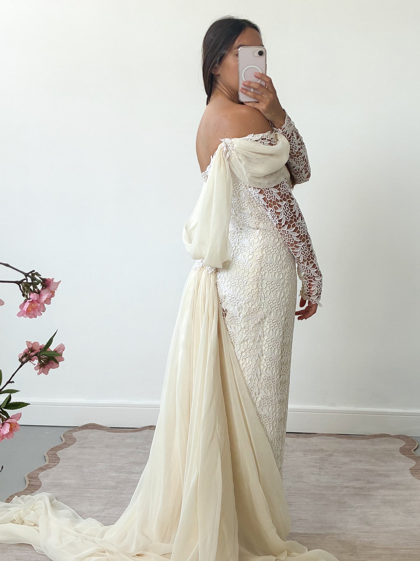 1980s Lace And Chiffon Column Dress With Detachable Cathedral Train S M