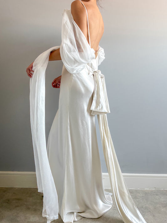 1930s Silk Wedding Gown With Chiffon Sleeves And Bow Detail