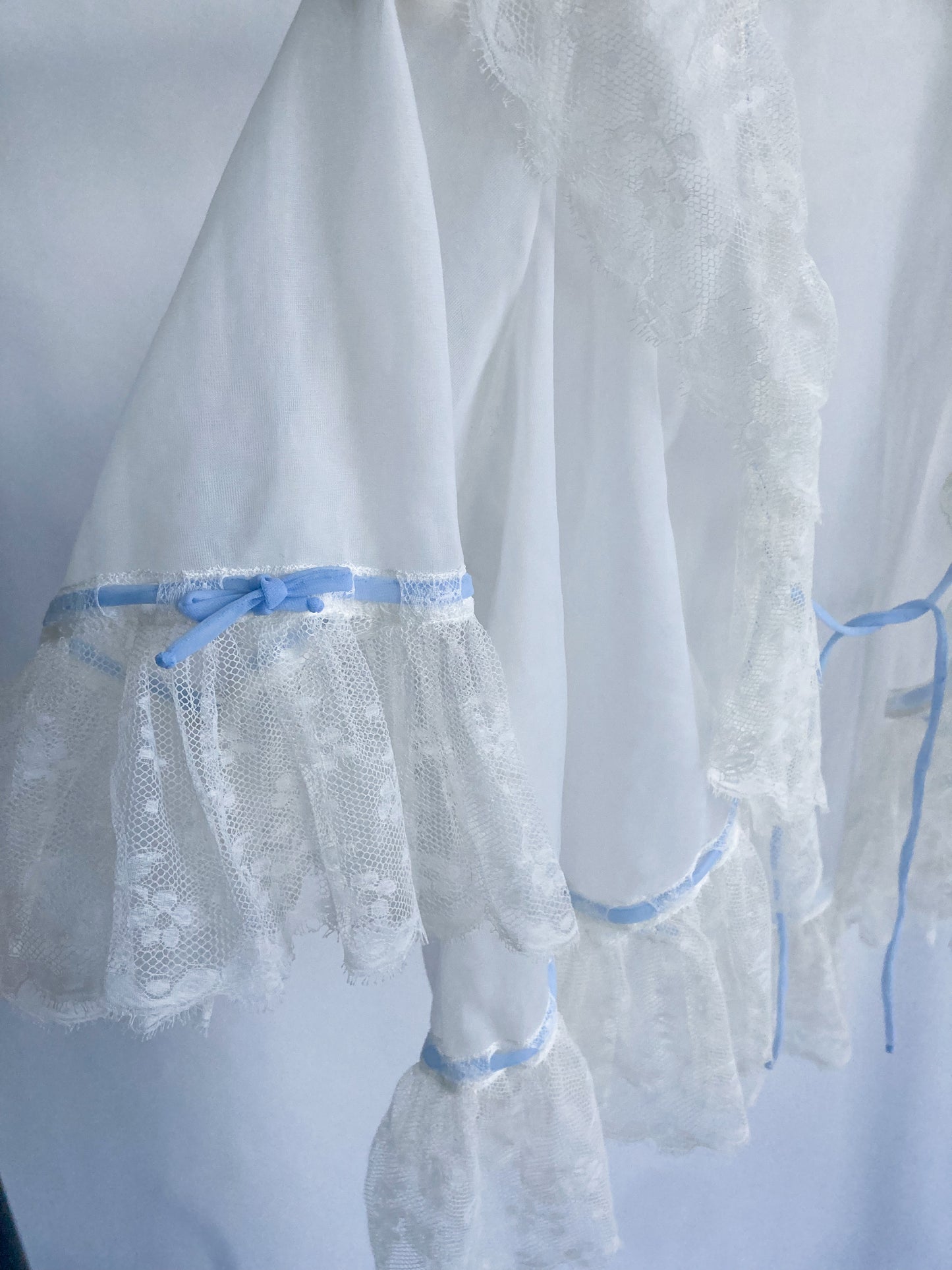 1940s Sheer Bed Jacket With Lace And Blue Ribbon