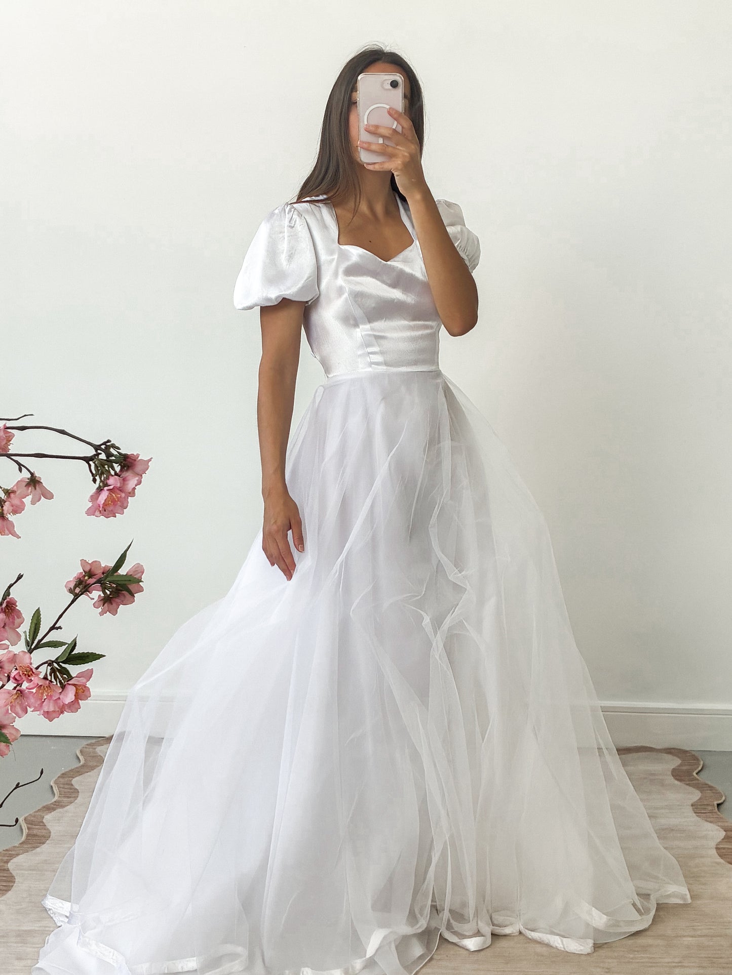 1983 Satin Puff Sleeve Gown With Chiffon Skirt And Scarf M